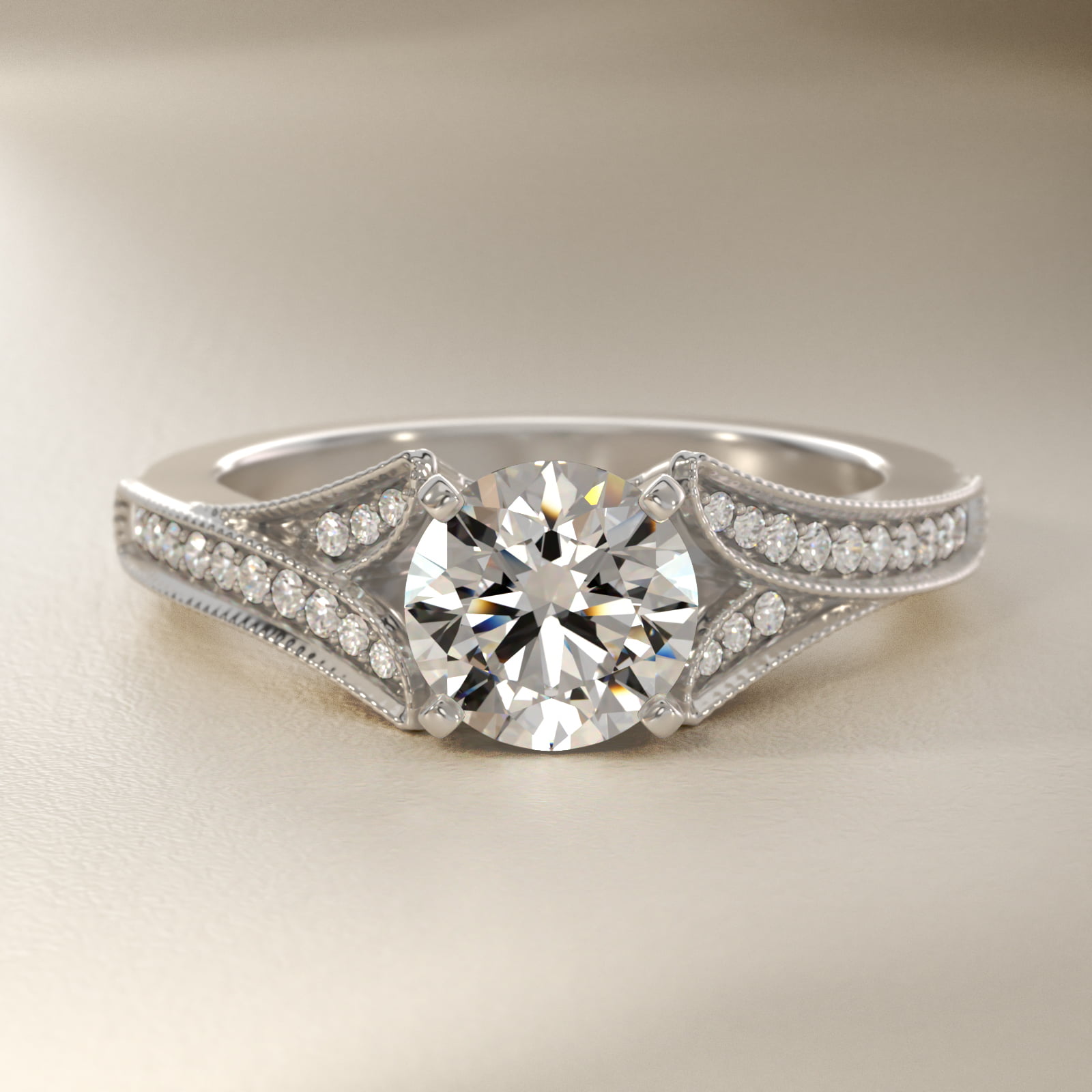 Milgrain and Pavé V-Shank Diamond Engagement Ring in Platinum (1/8 ct. wt.)