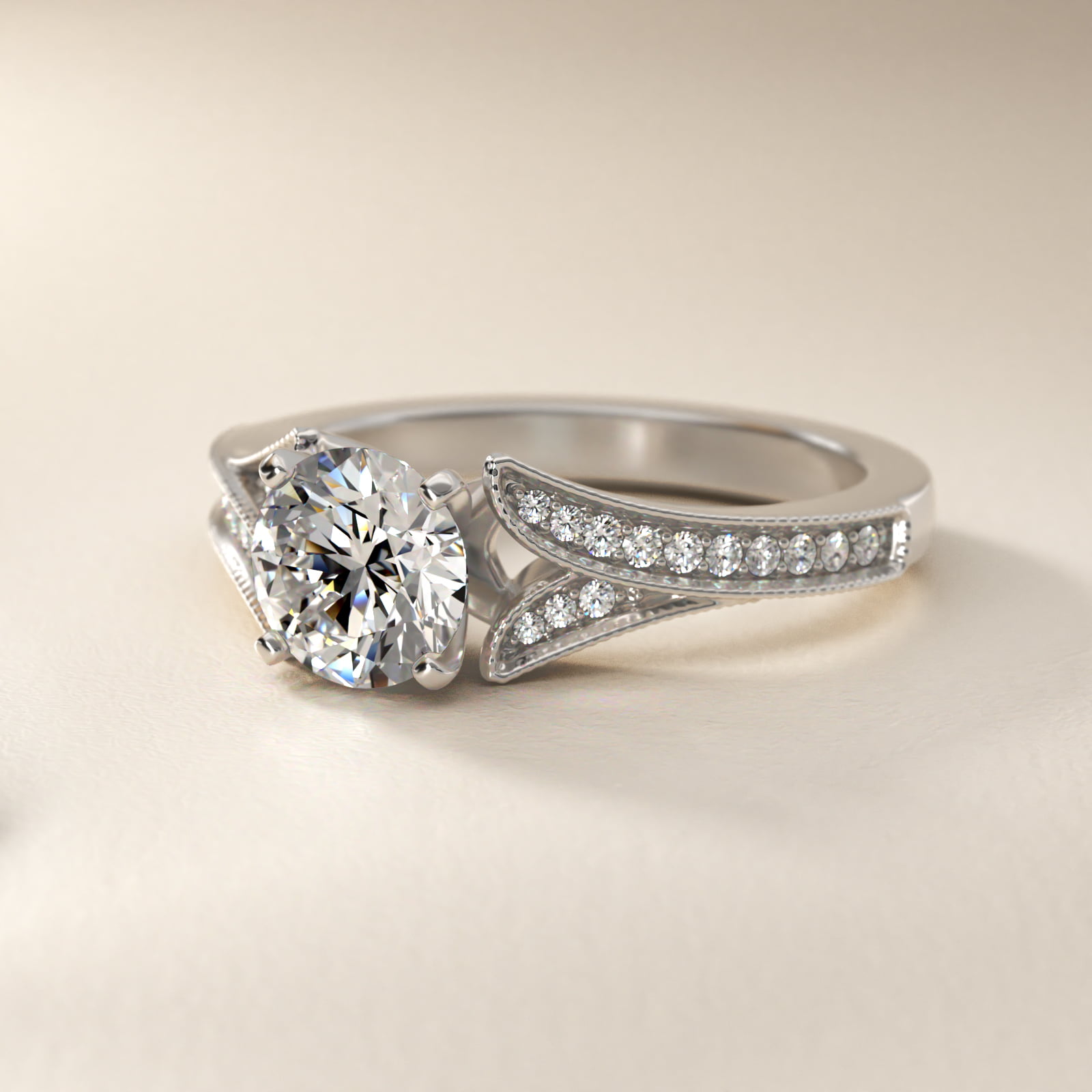 Milgrain and Pavé V-Shank Diamond Engagement Ring in 18k White Gold (1/8 ct. wt.)