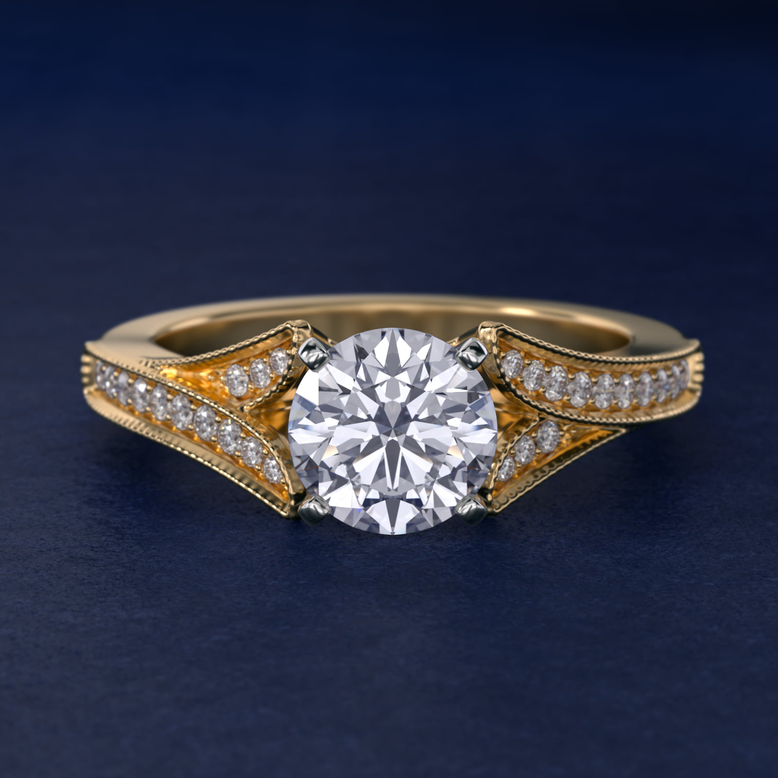 Milgrain and Pavé V-Shank Diamond Engagement Ring in 14K Yellow Gold (1/8 ct. wt.)