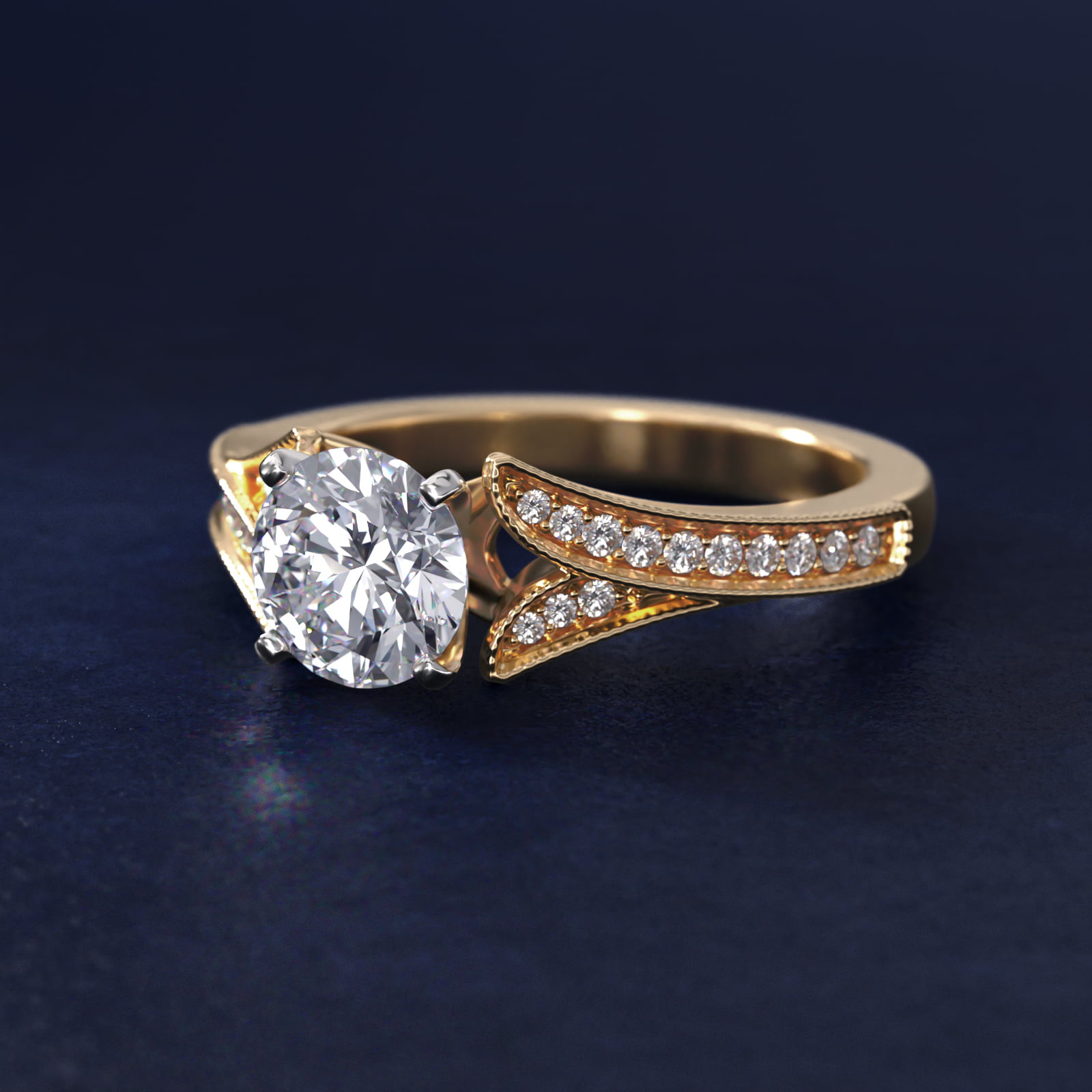 Milgrain and Pavé V-Shank Diamond Engagement Ring in 18k Yellow Gold (1/8 ct. wt.)