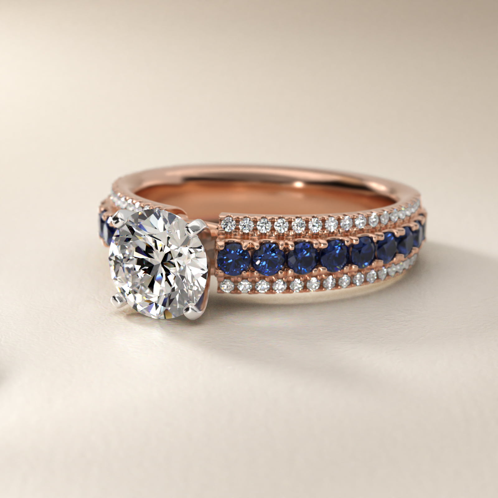 Three Row Sapphire and Diamond Engagement Ring in 14k Rose Gold (1/4 ct. tw.)