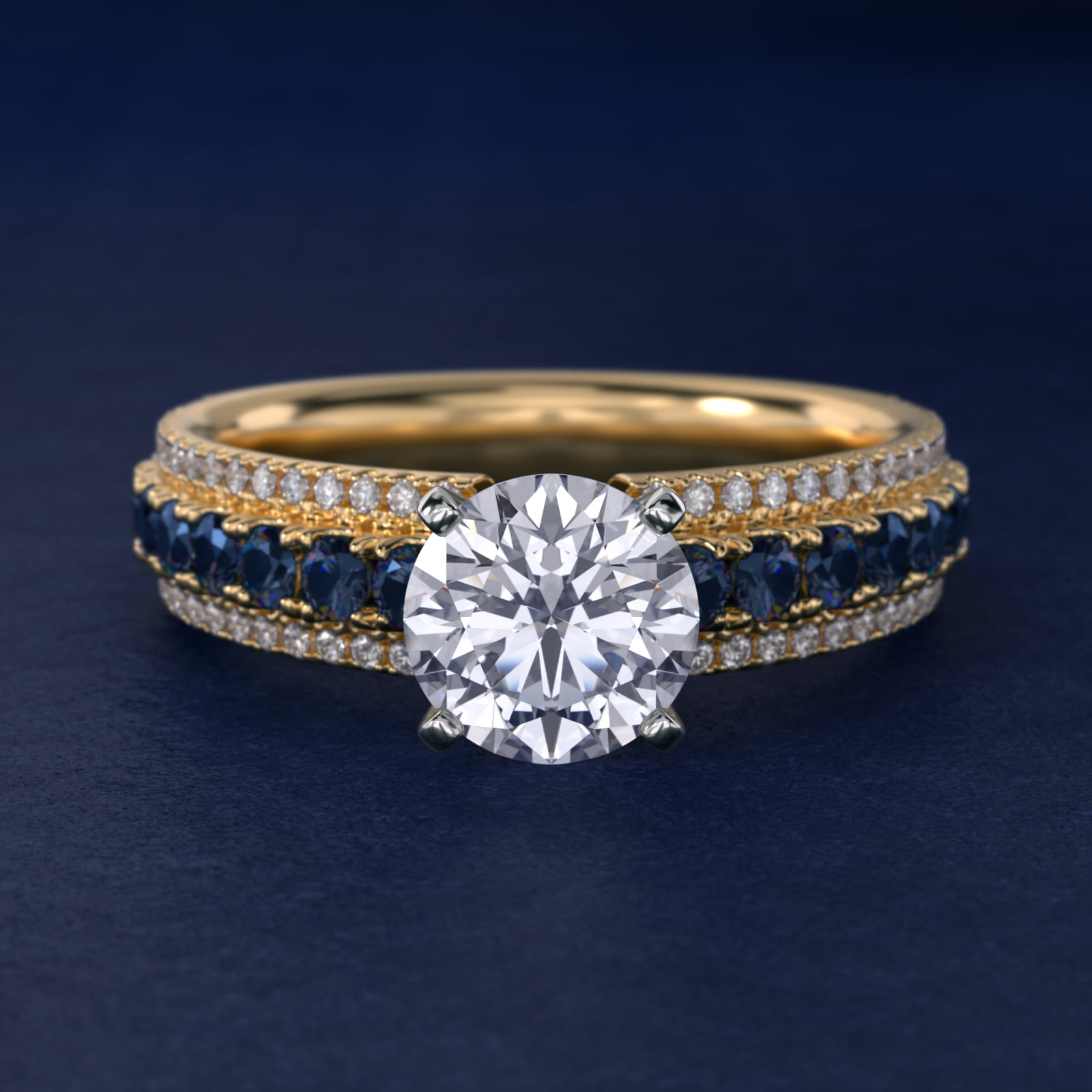 Three Row Sapphire and Diamond Engagement Ring in 14K Yellow Gold (1/4 ct. tw.)