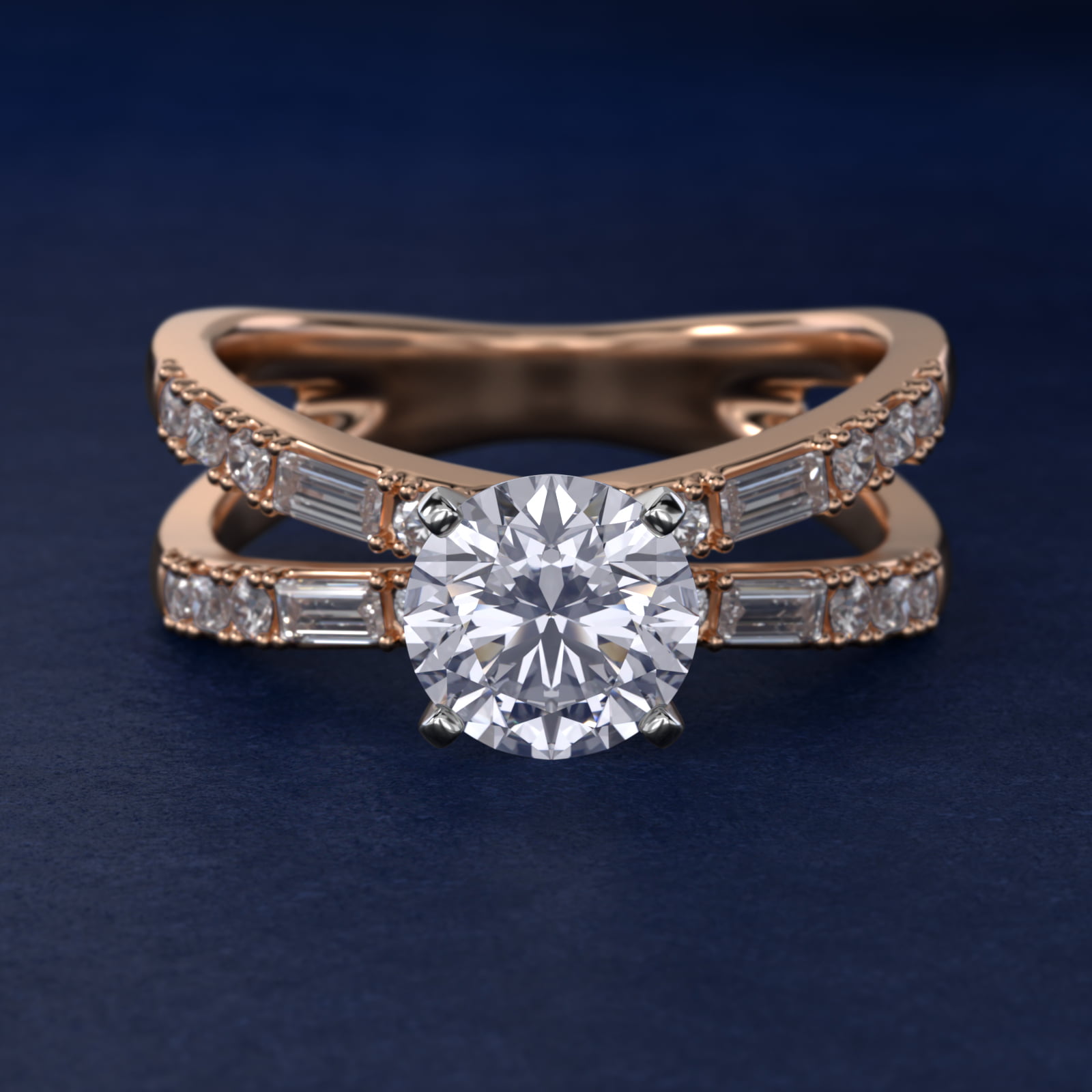 Dot Dash Split Shank Diamond Engagement Ring in 14k Rose Gold