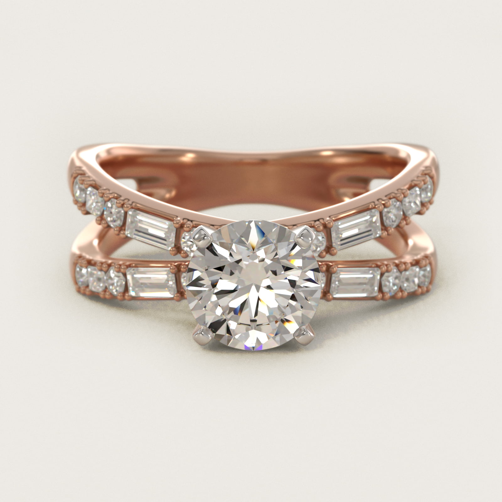 Dot Dash Split Shank Diamond Engagement Ring in 14k Rose Gold