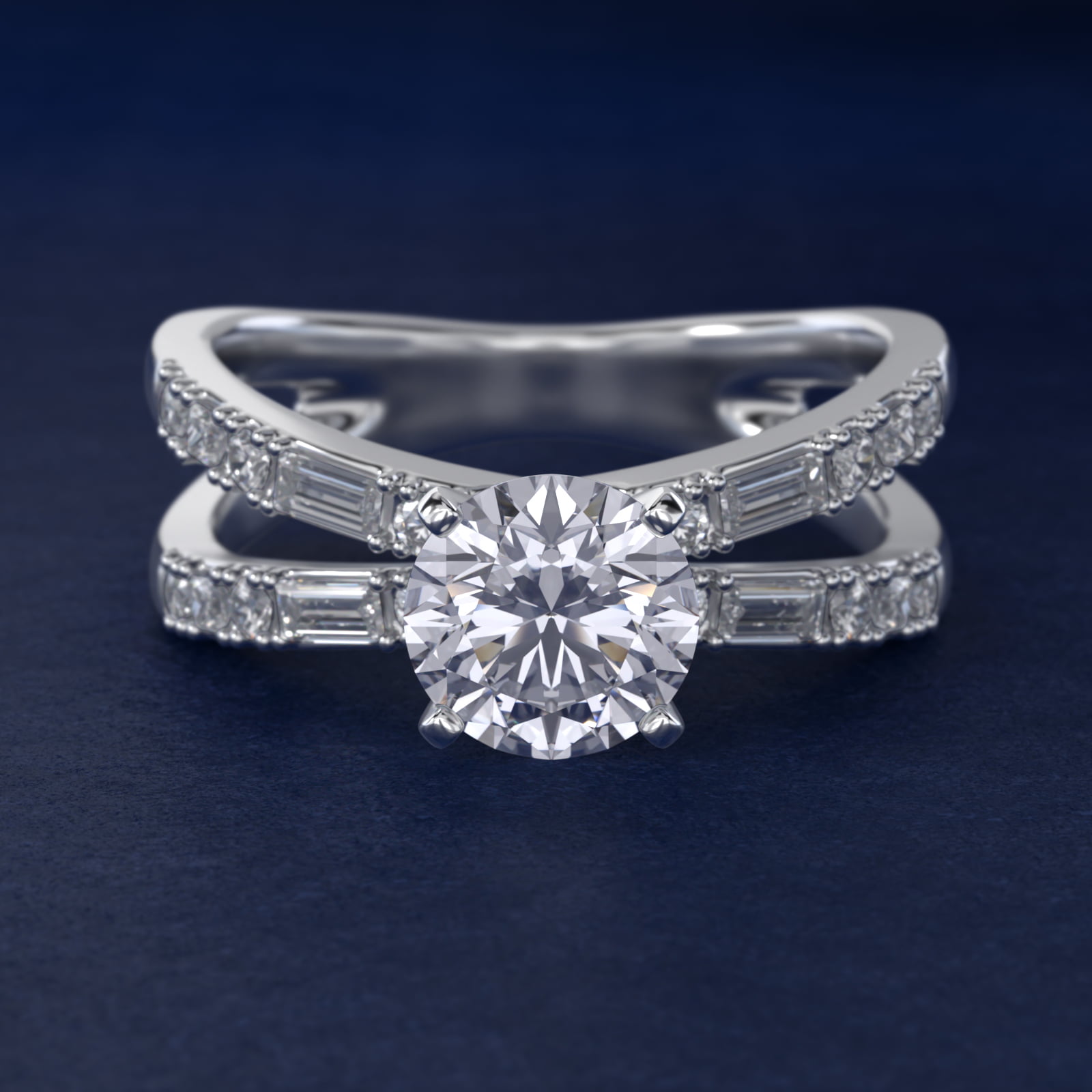 Dot Dash Split Shank Diamond Engagement Ring in 14k White Gold