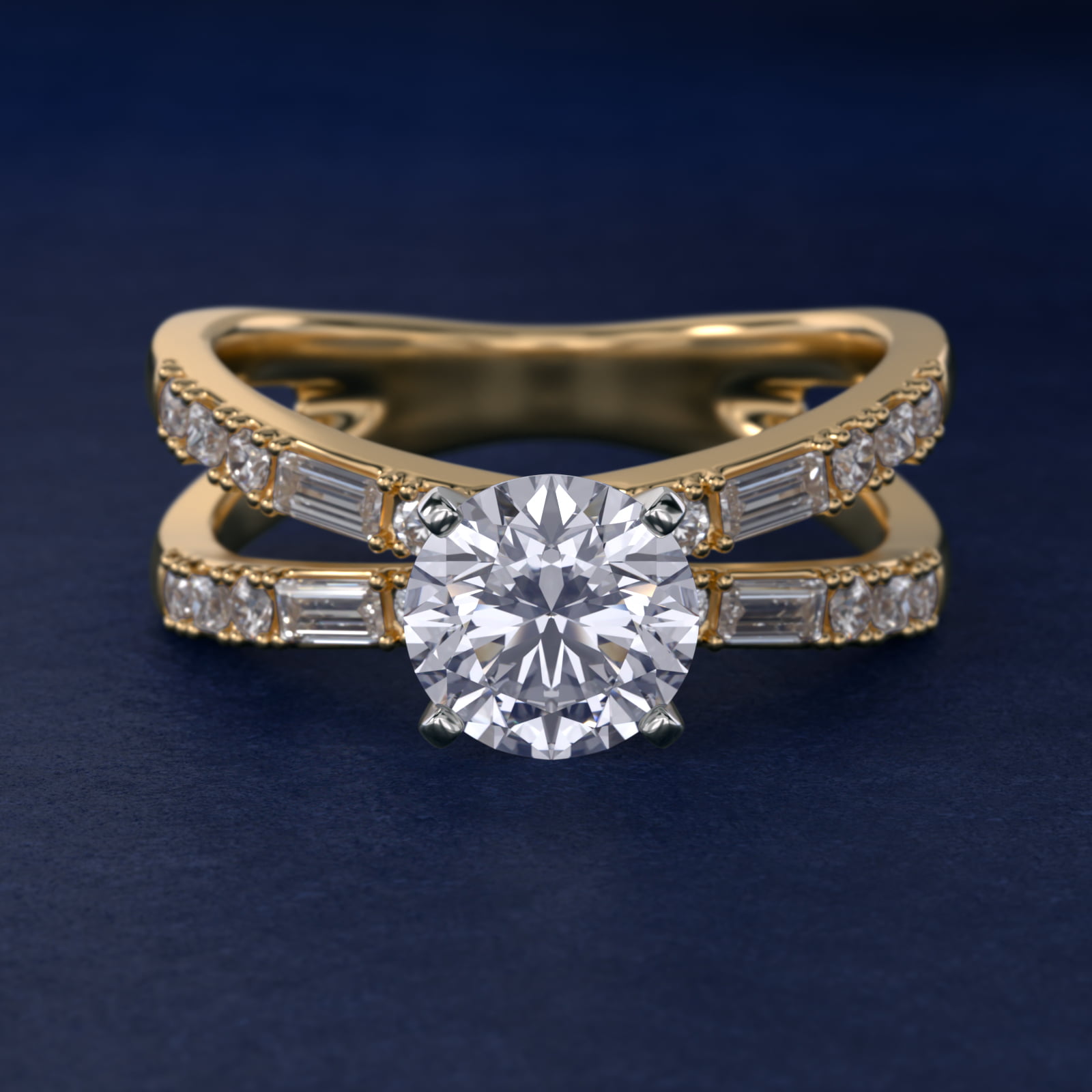 Dot Dash Split Shank Diamond Engagement Ring in 14k Yellow Gold