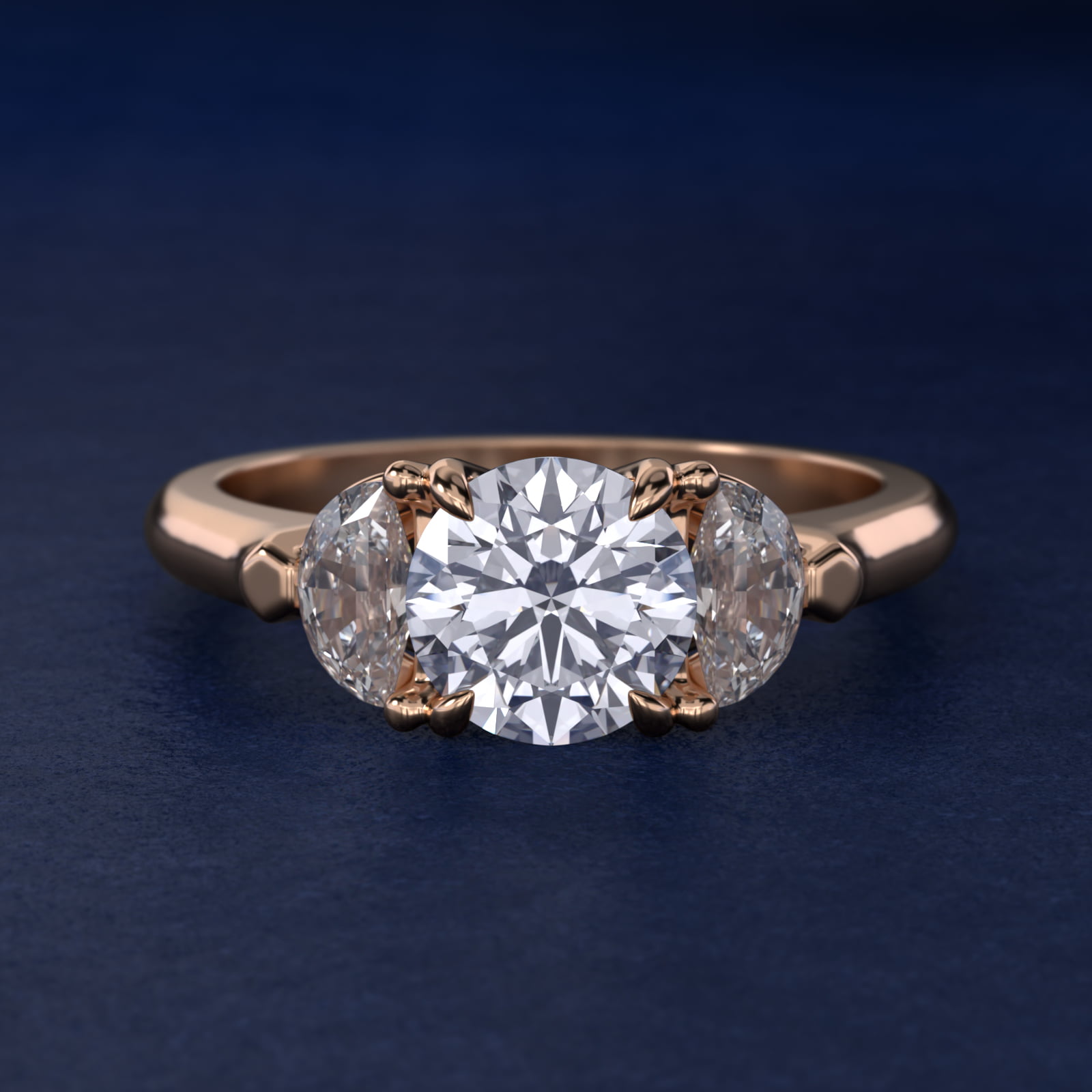 Three-Stone Half-Moon Sidestone Diamond Engagement Ring in 18k Rose Gold (1/2 ct. tw.)