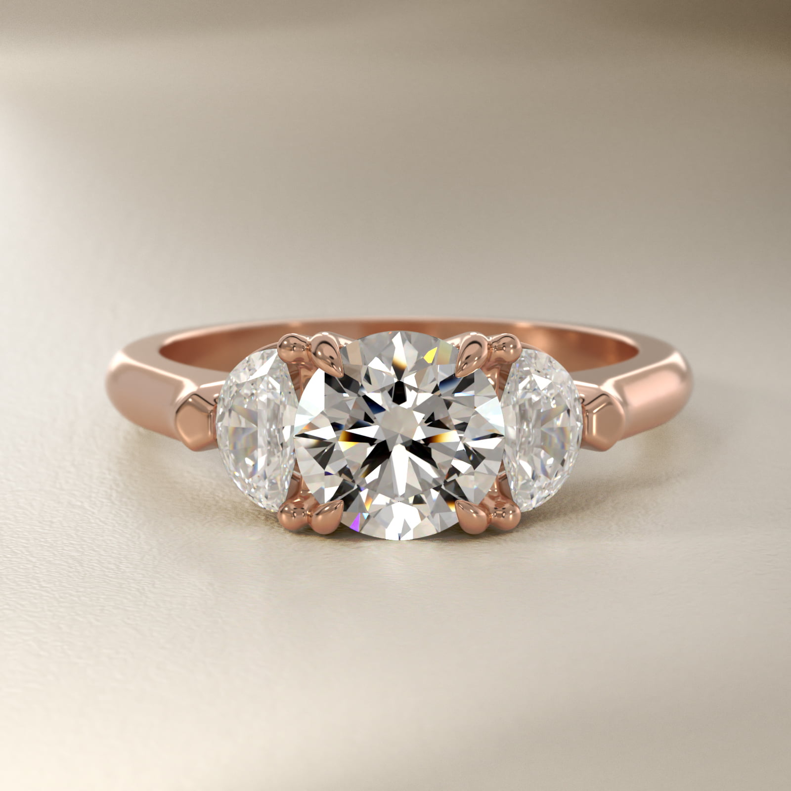 Three-Stone Half-Moon Sidestone Diamond Engagement Ring in 14k Rose Gold (1/2 ct. tw.)