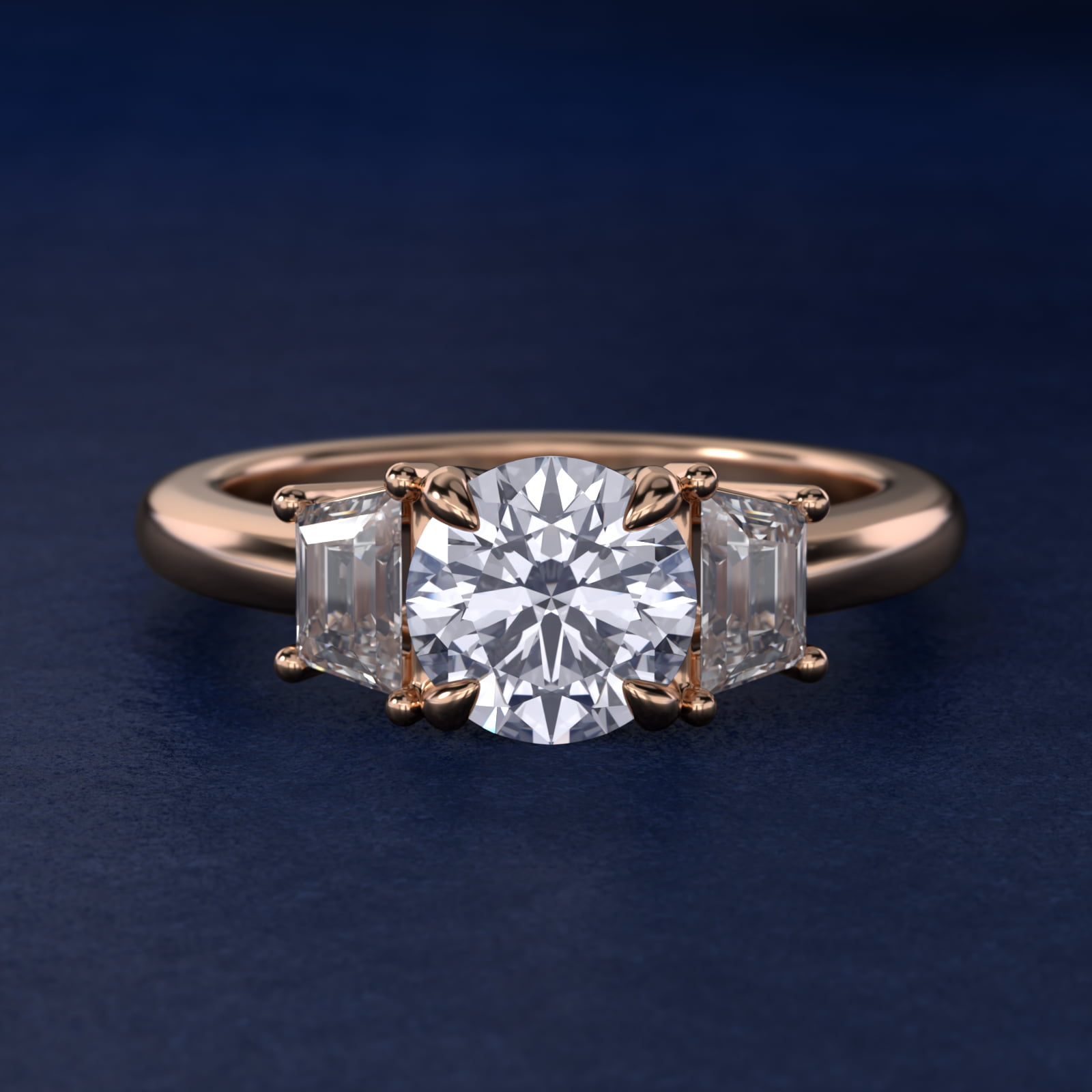 Three-Stone Trapezoid Sidestone Diamond Engagement Ring in 18k Rose Gold (1/2 ct. tw.)