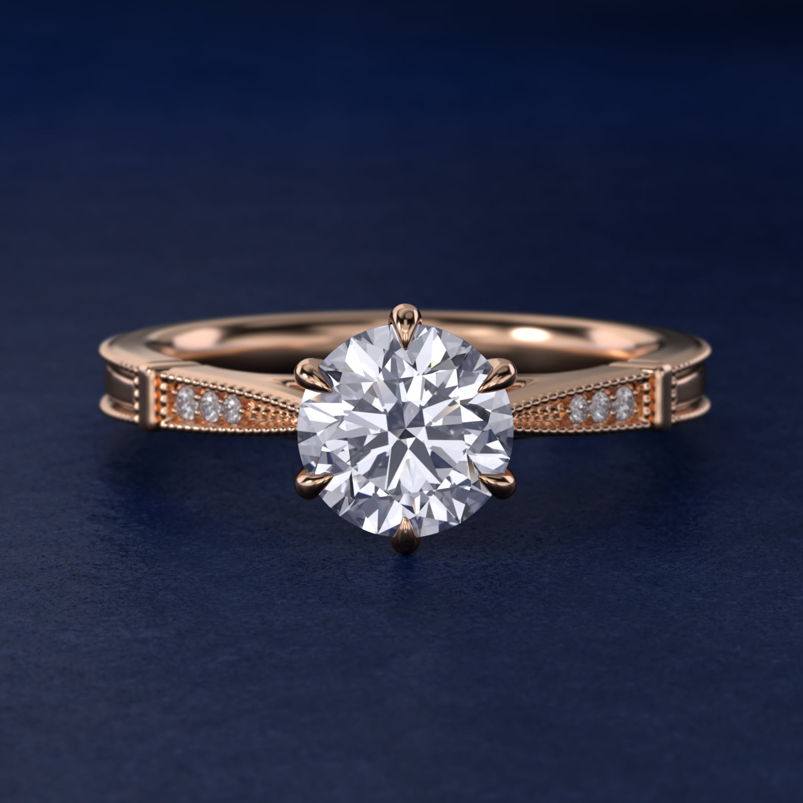 Six-Prong Vintage Milgrain and Diamond Engagement Ring in 14k Rose Gold