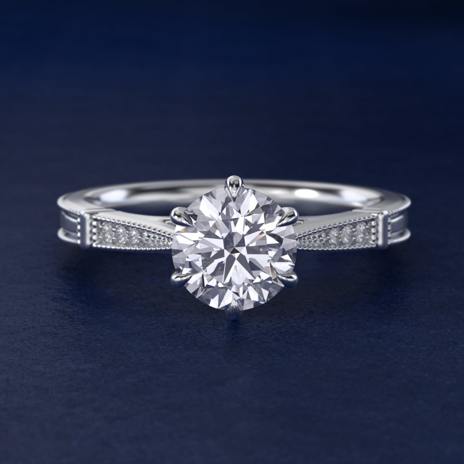 Six-Prong Vintage Milgrain and Diamond Engagement Ring in 14k White Gold