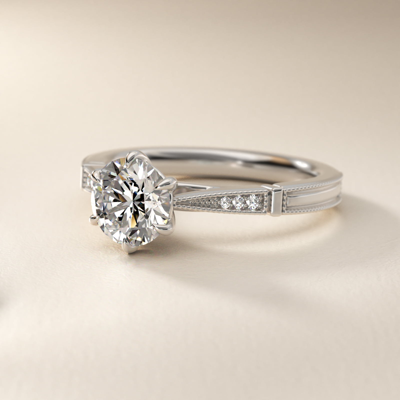 Six-Prong Vintage Milgrain and Diamond Engagement Ring in 18k White Gold