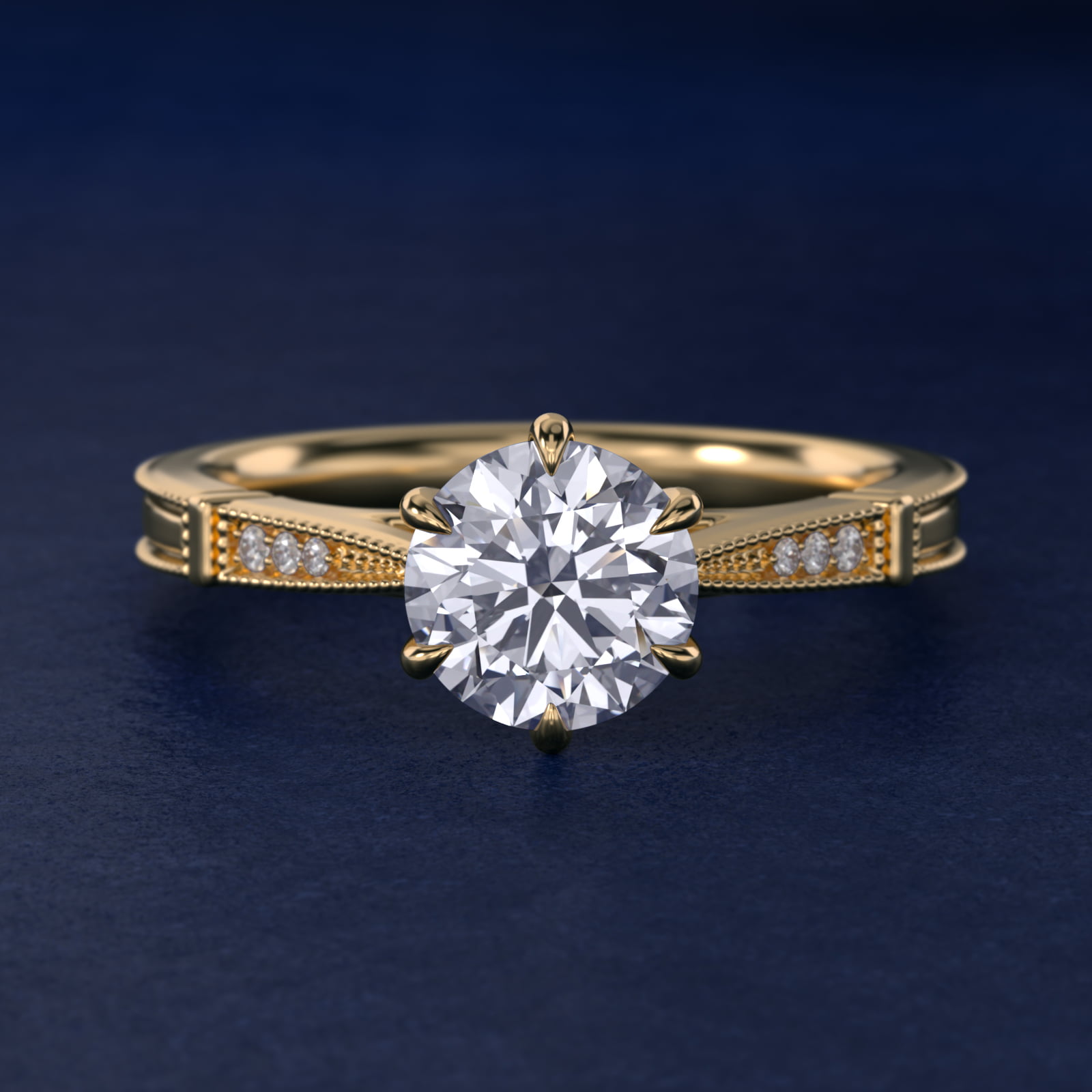 Six-Prong Vintage Milgrain and Diamond Engagement Ring in 18k Yellow Gold