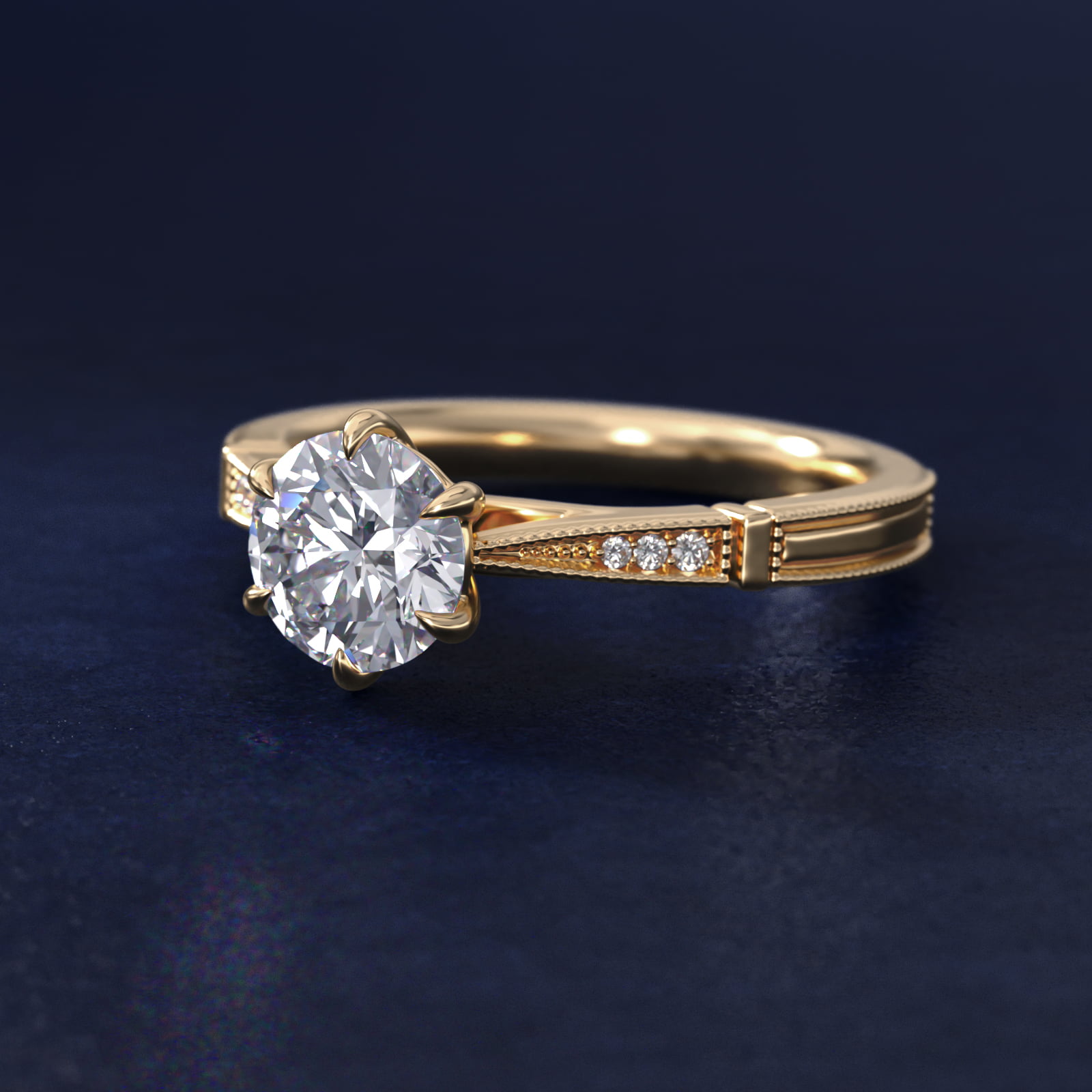 Six-Prong Vintage Milgrain and Diamond Engagement Ring in 14k Yellow Gold