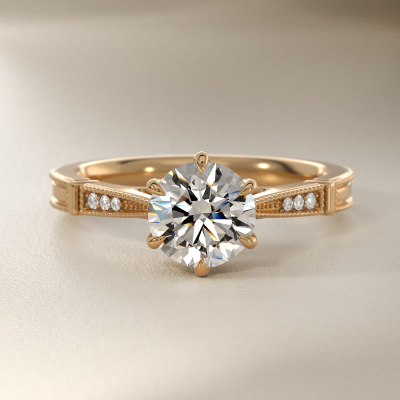 Six-Prong Vintage Milgrain and Diamond Engagement Ring in 14k Yellow Gold
