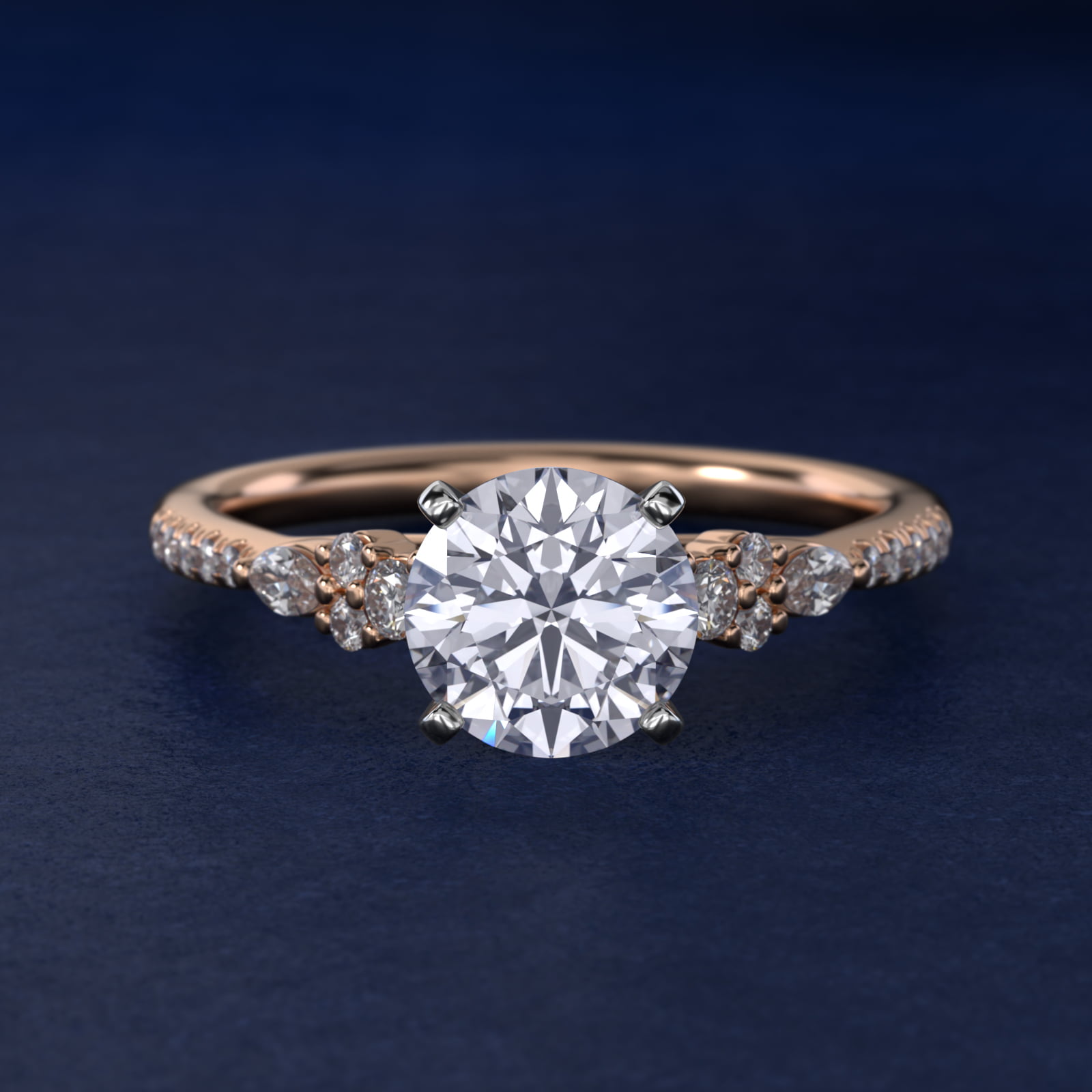 Petite Marquise and Round Diamond Engagement Ring in 14k Rose Gold