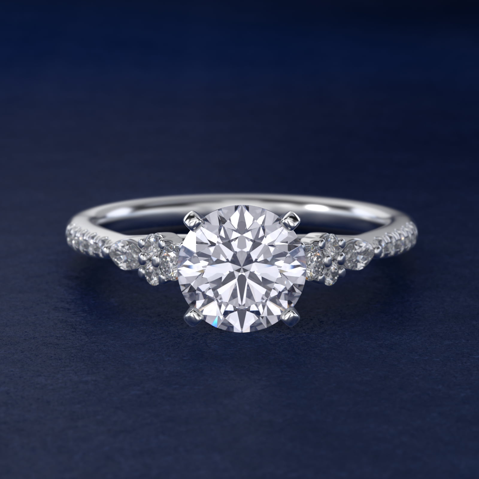 Petite Marquise and Round Diamond Engagement Ring in 18k White Gold