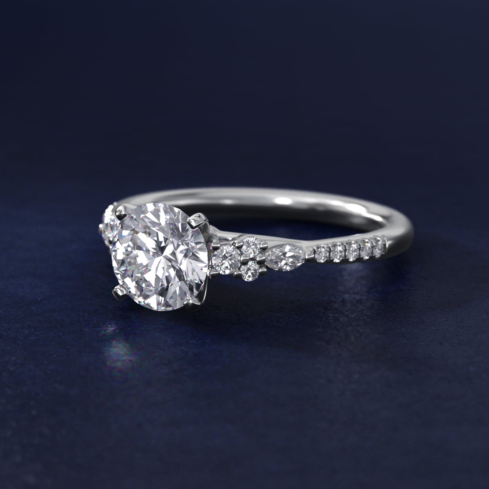 Petite Marquise and Round Diamond Engagement Ring in Platinum