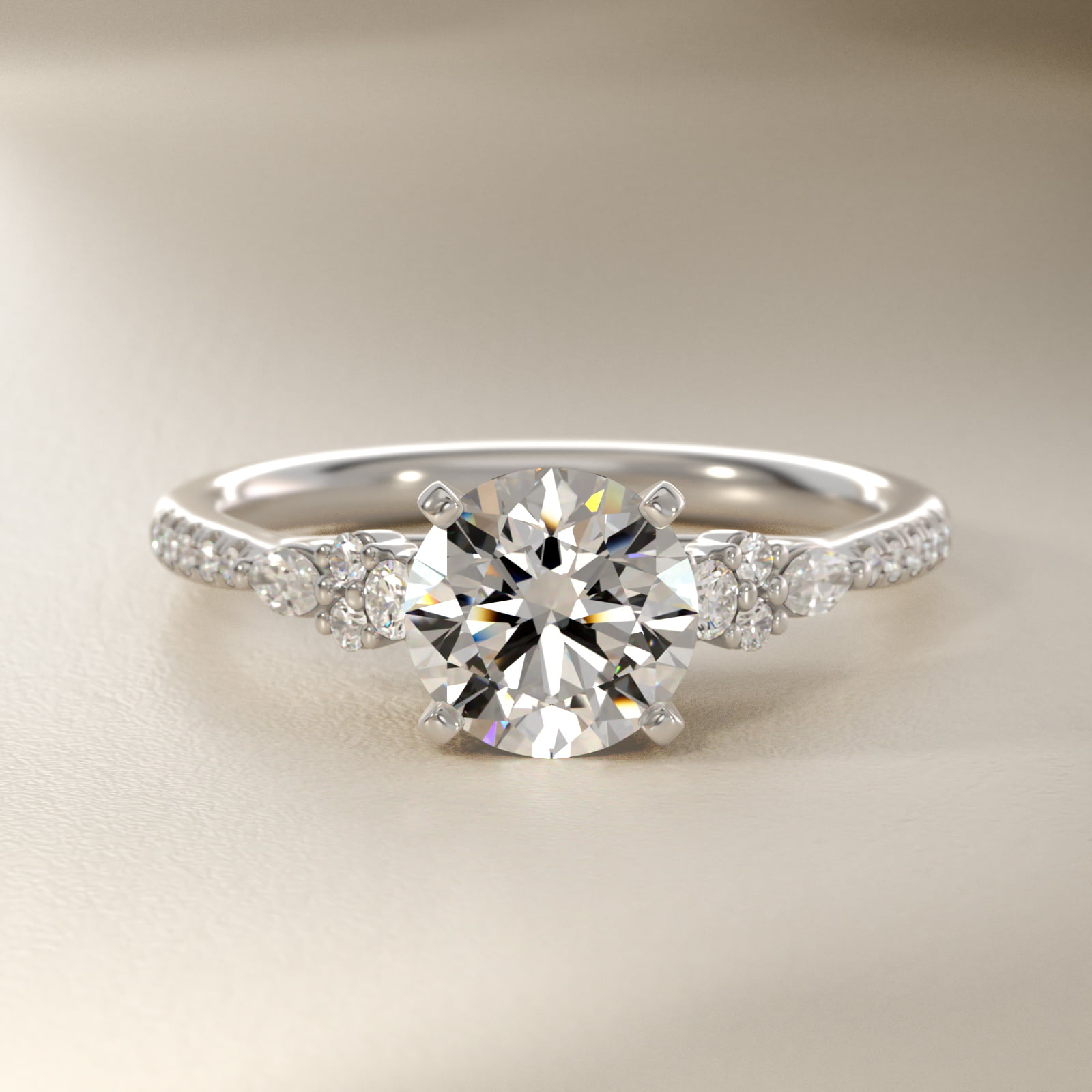 Petite Marquise and Round Diamond Engagement Ring in 14k White Gold