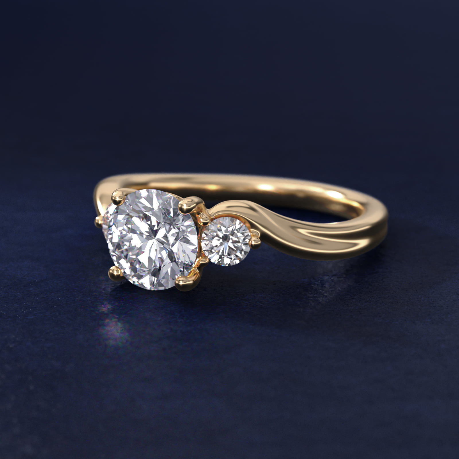 Wrapped Shank Three Stone Diamond Engagement Ring in 18k Yellow Gold