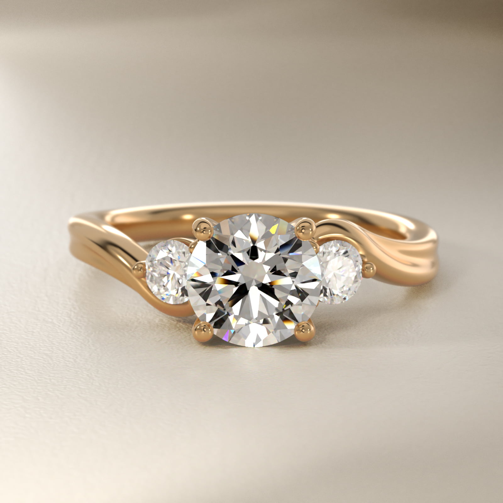 Wrapped Shank Three Stone Diamond Engagement Ring in 14k Yellow Gold