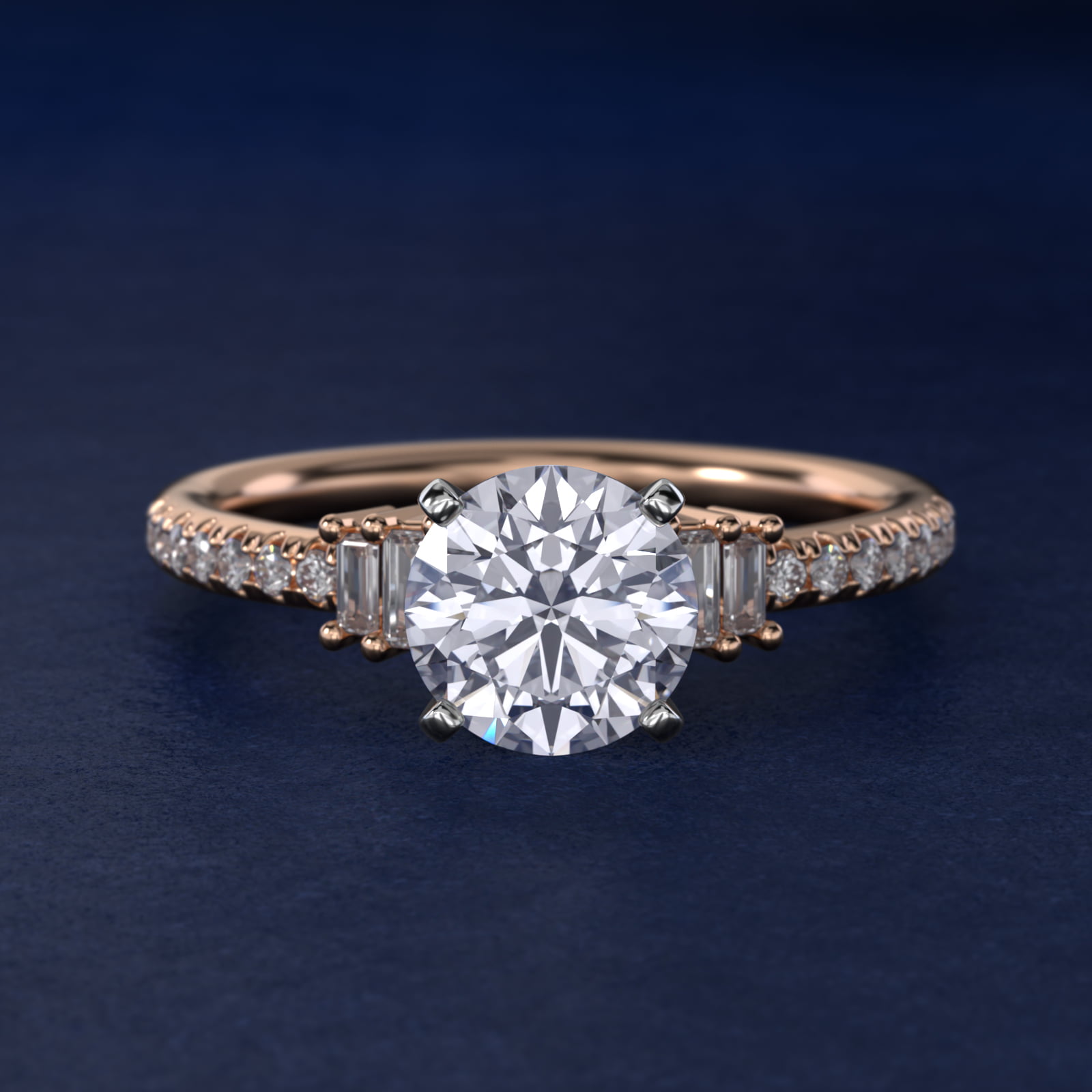 Petite Baguette and Pavé Diamond Engagement Ring in 14k Rose Gold