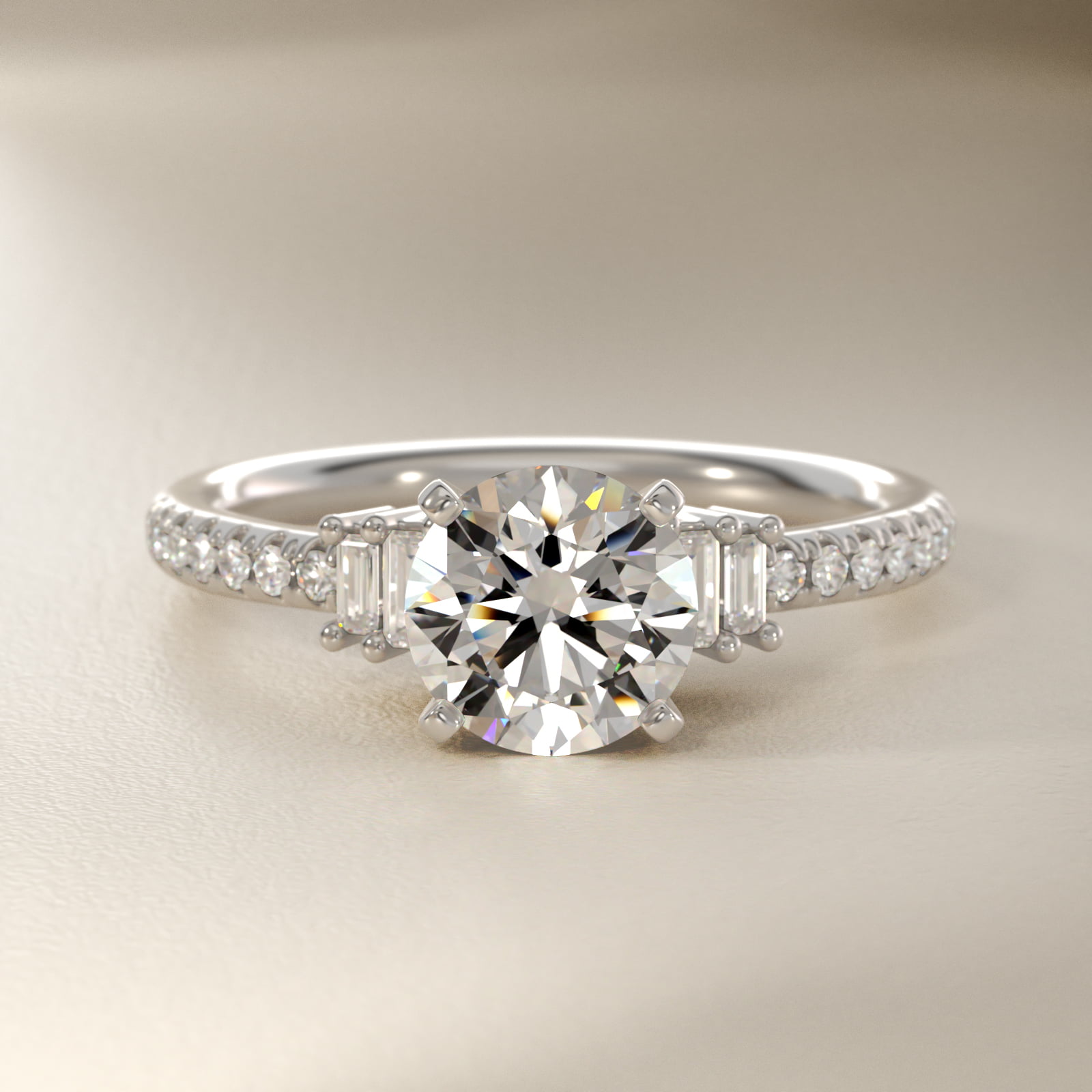 Petite Baguette and Pavé Diamond Engagement Ring in 18k White Gold