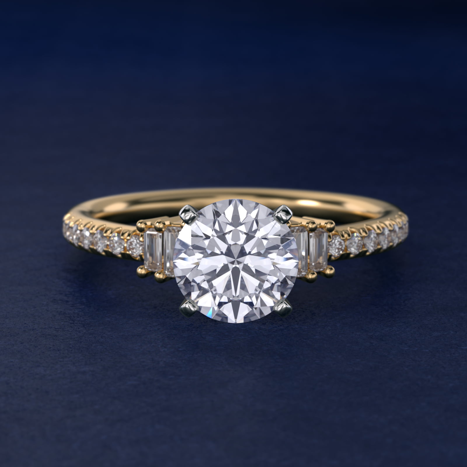 Petite Baguette and Pavé Diamond Engagement Ring in 18k Yellow Gold