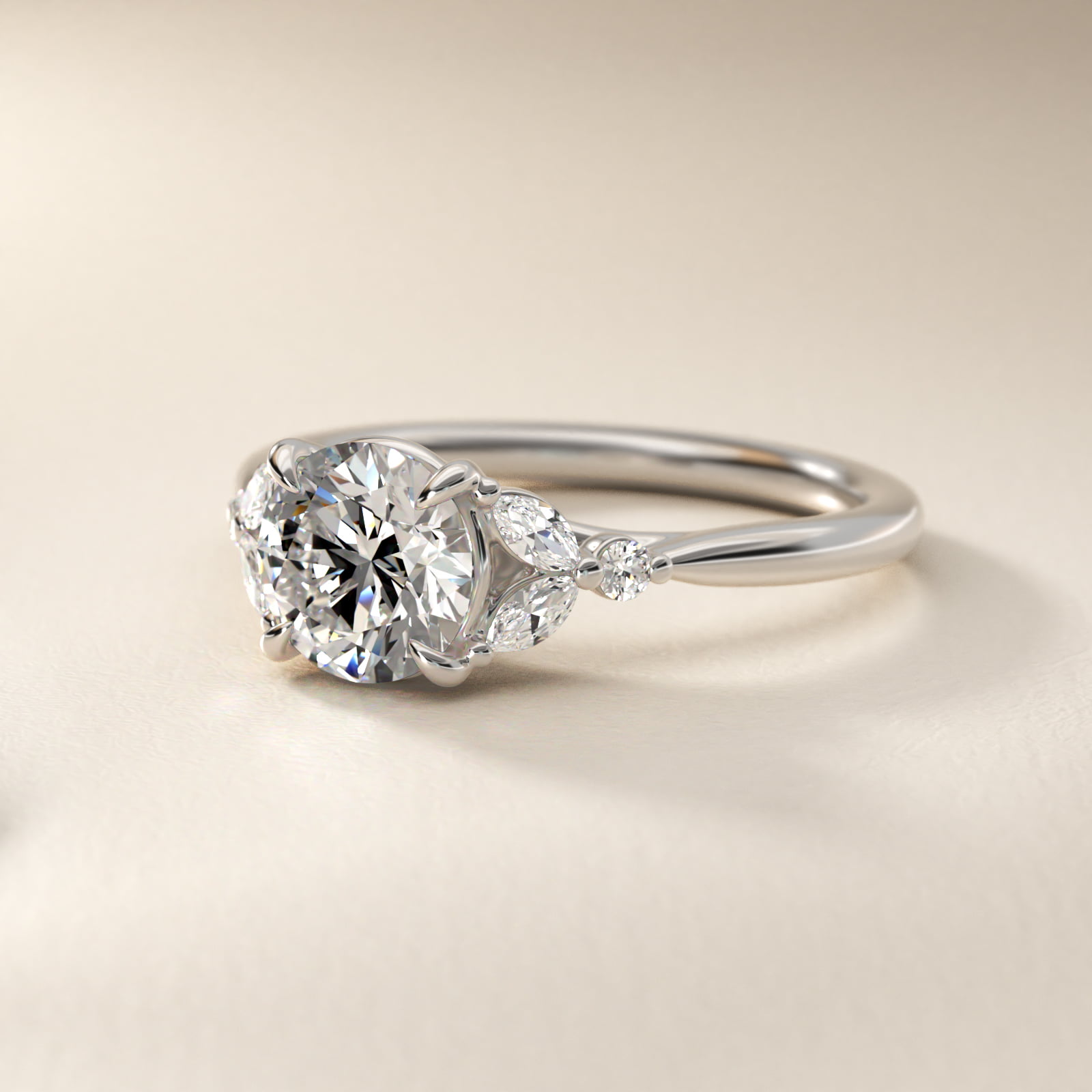 Floral Marquise Diamond Engagement Ring in 14k White Gold