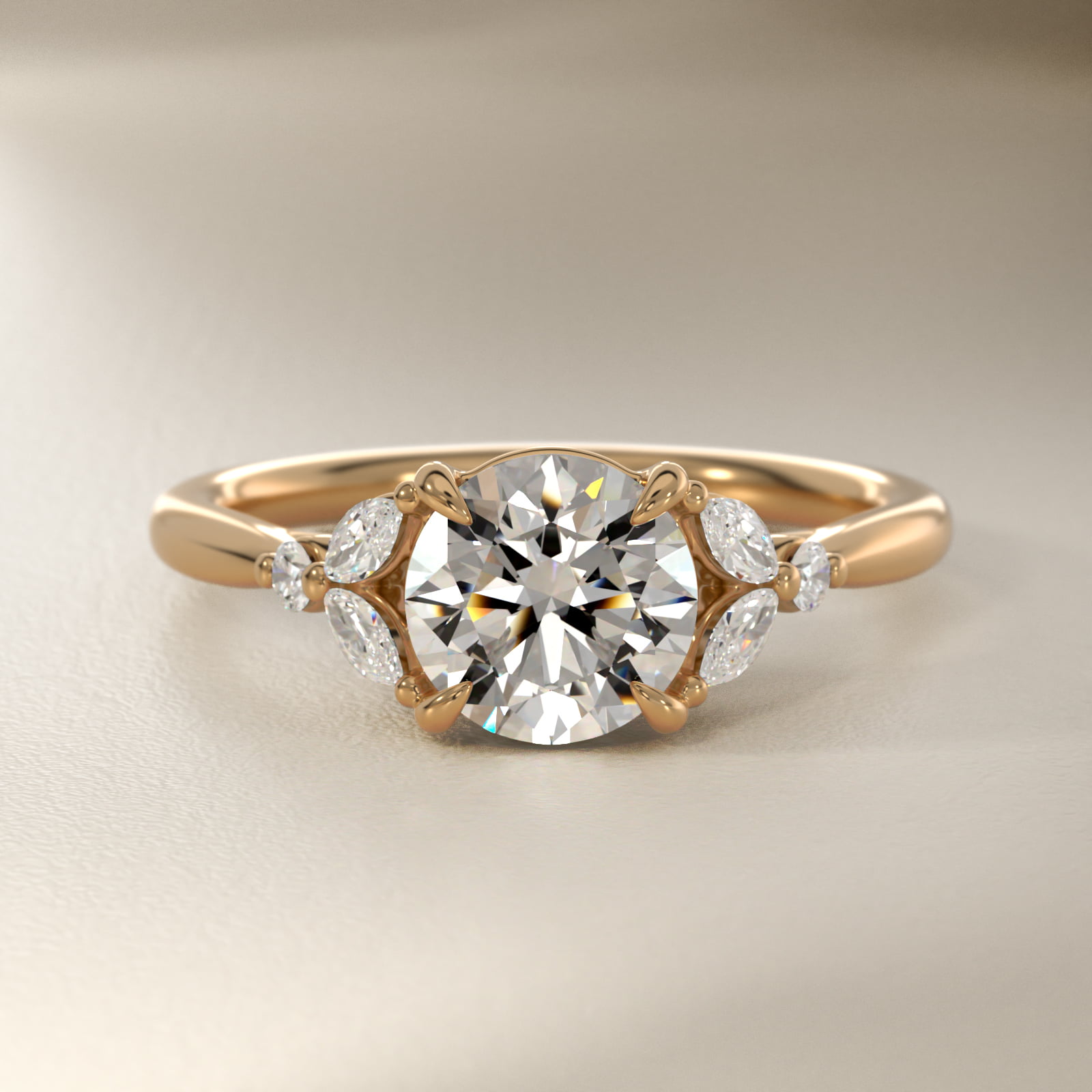 Floral Marquise Diamond Engagement Ring in 14k Yellow Gold