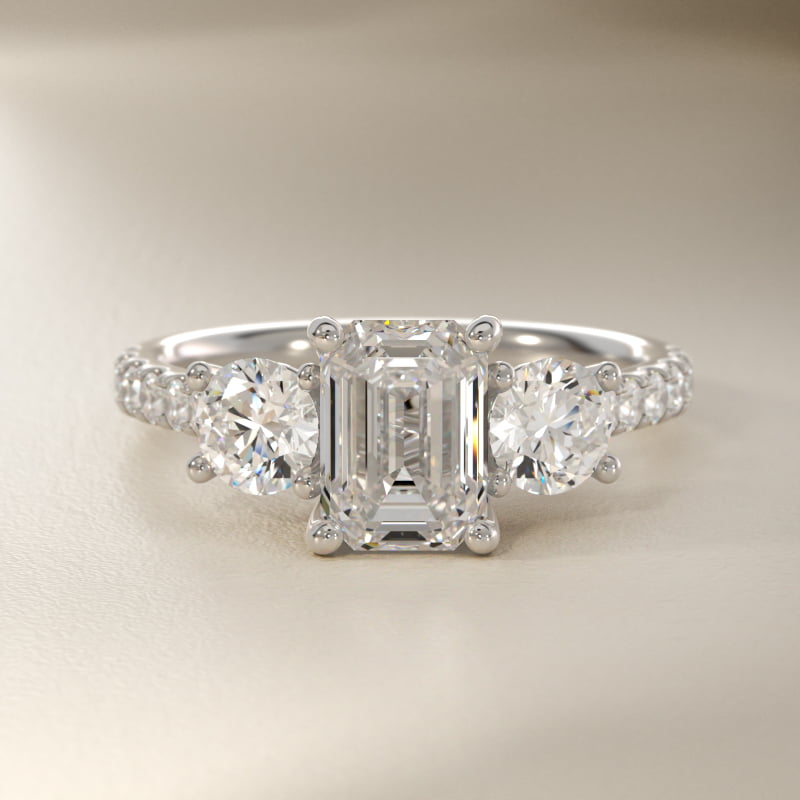 Modern Trellis Three Stone Lab-Grown Diamond Engagement in 18k White Gold