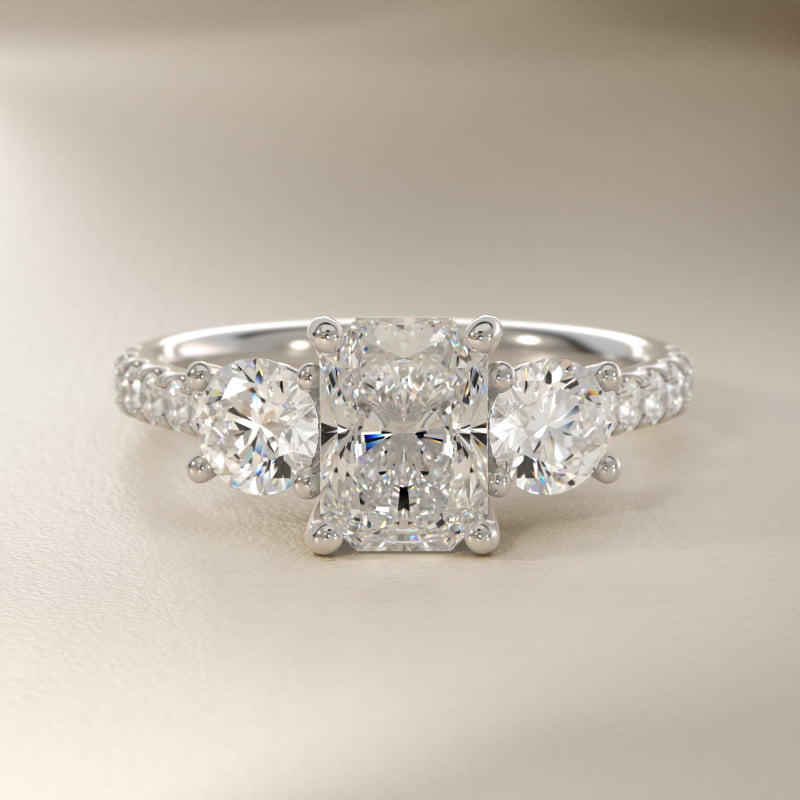 Modern Trellis Three Stone Lab-Grown Diamond Engagement in 18k White Gold