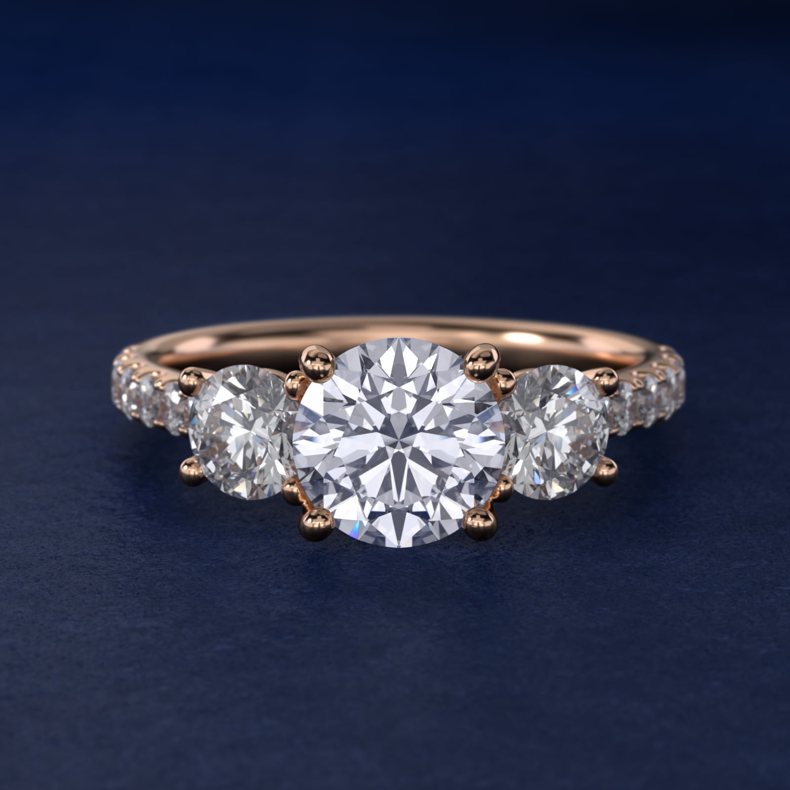 Modern Trellis Three Stone Diamond Engagement in 14k Rose Gold