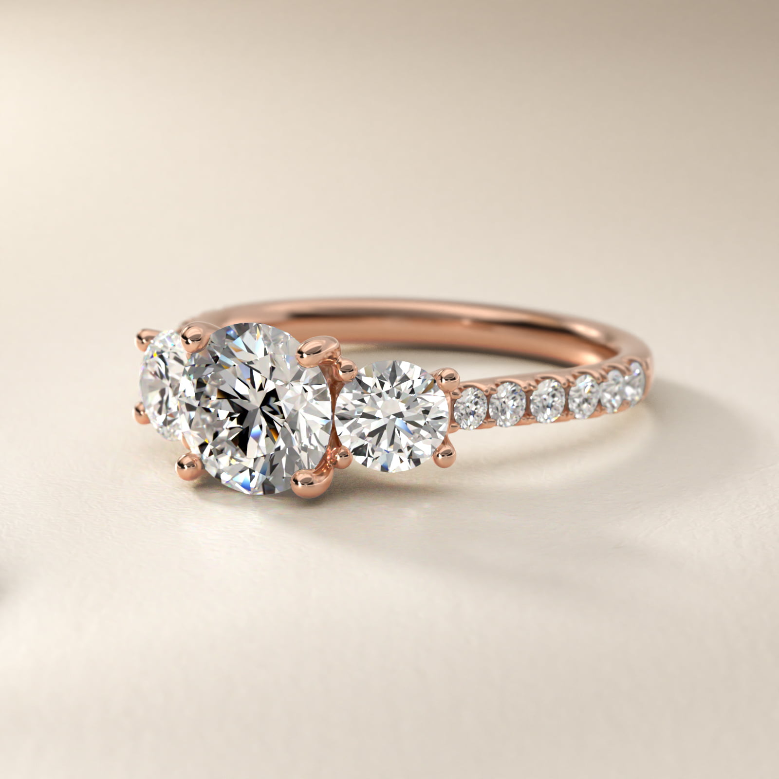 Modern Trellis Three Stone Lab-Grown Diamond Engagement in 14k Rose Gold