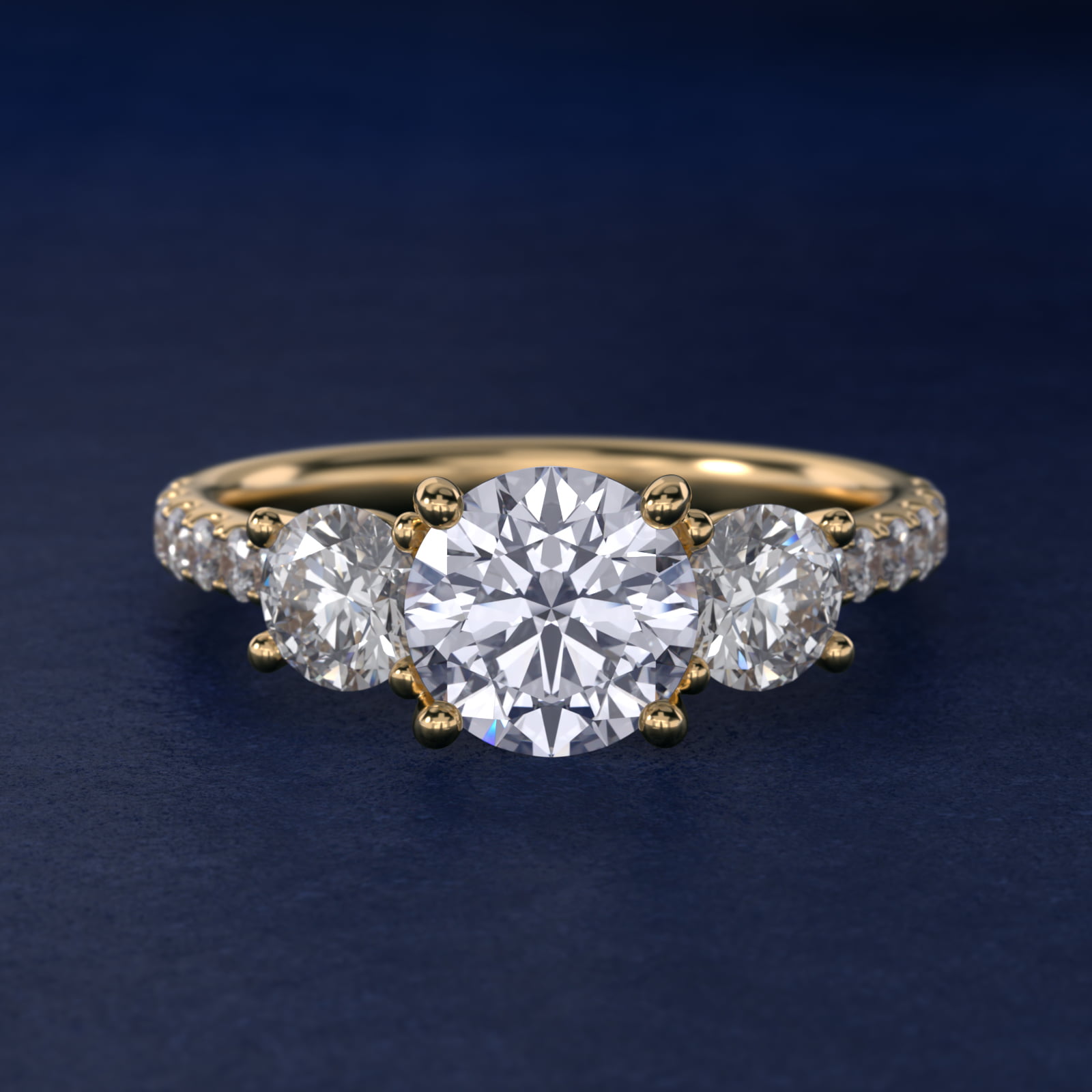 Modern Trellis Three Stone Diamond Engagement in 14k Yellow Gold