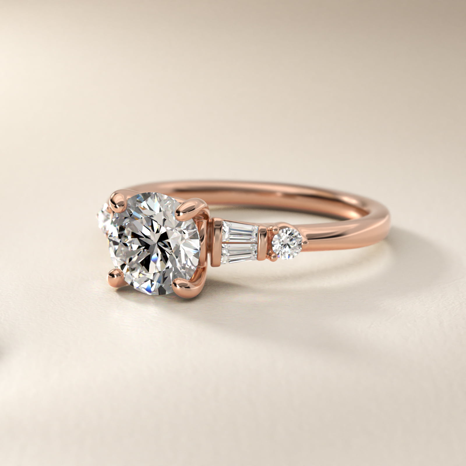 Double Baguette and Petite Round Diamond Engagement Ring in 14k Rose Gold (1/6 ct. tw.)