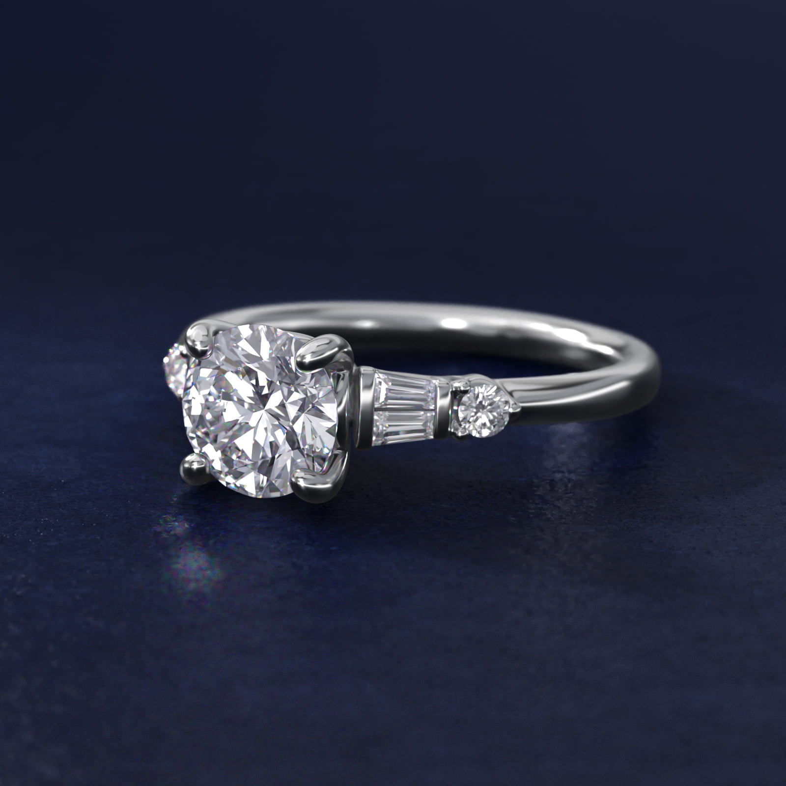Double Baguette and Petite Round Diamond Engagement Ring in 14k White Gold (1/6 ct. tw.)