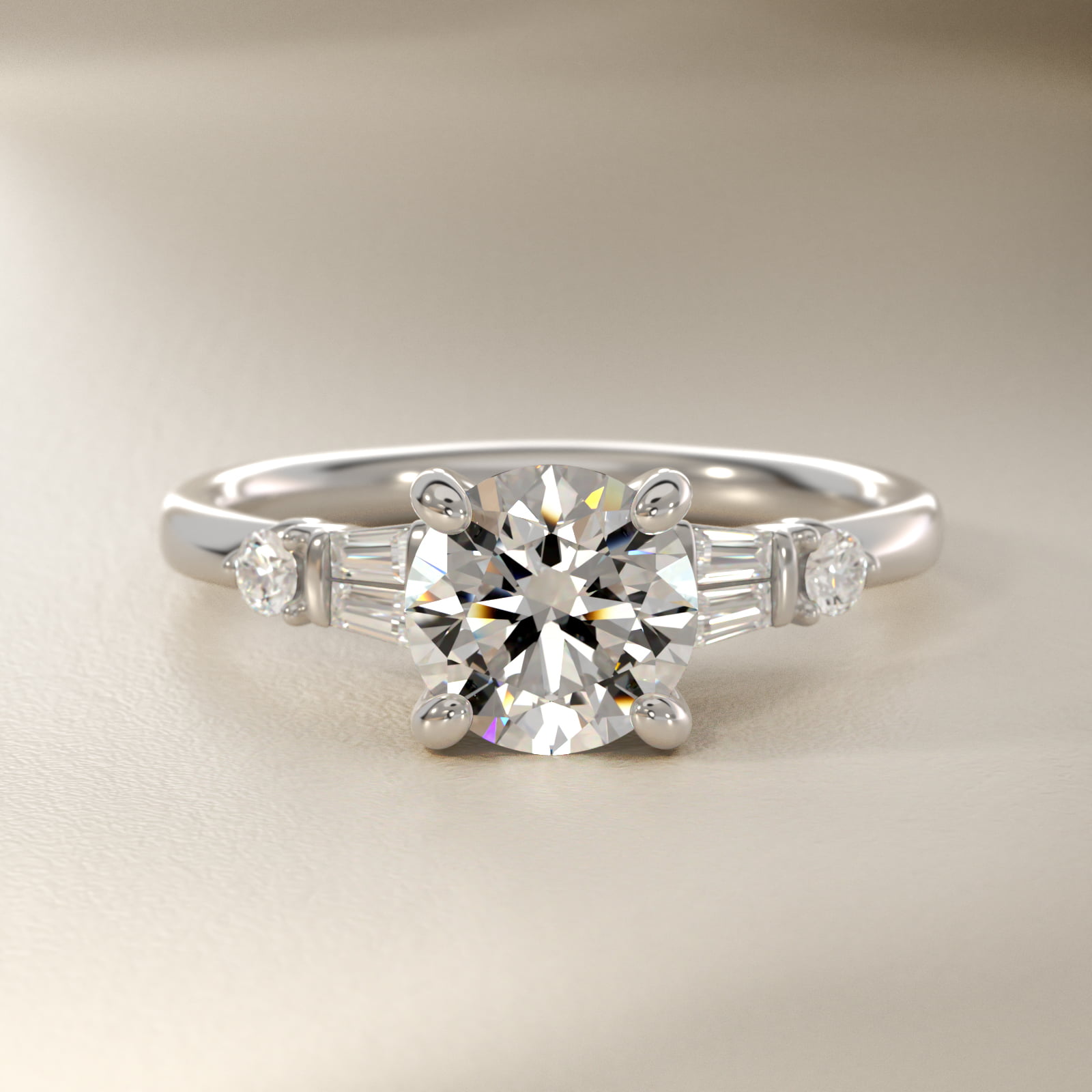 Double Baguette and Petite Round Diamond Engagement Ring in 18k White Gold (1/6 ct. tw.)