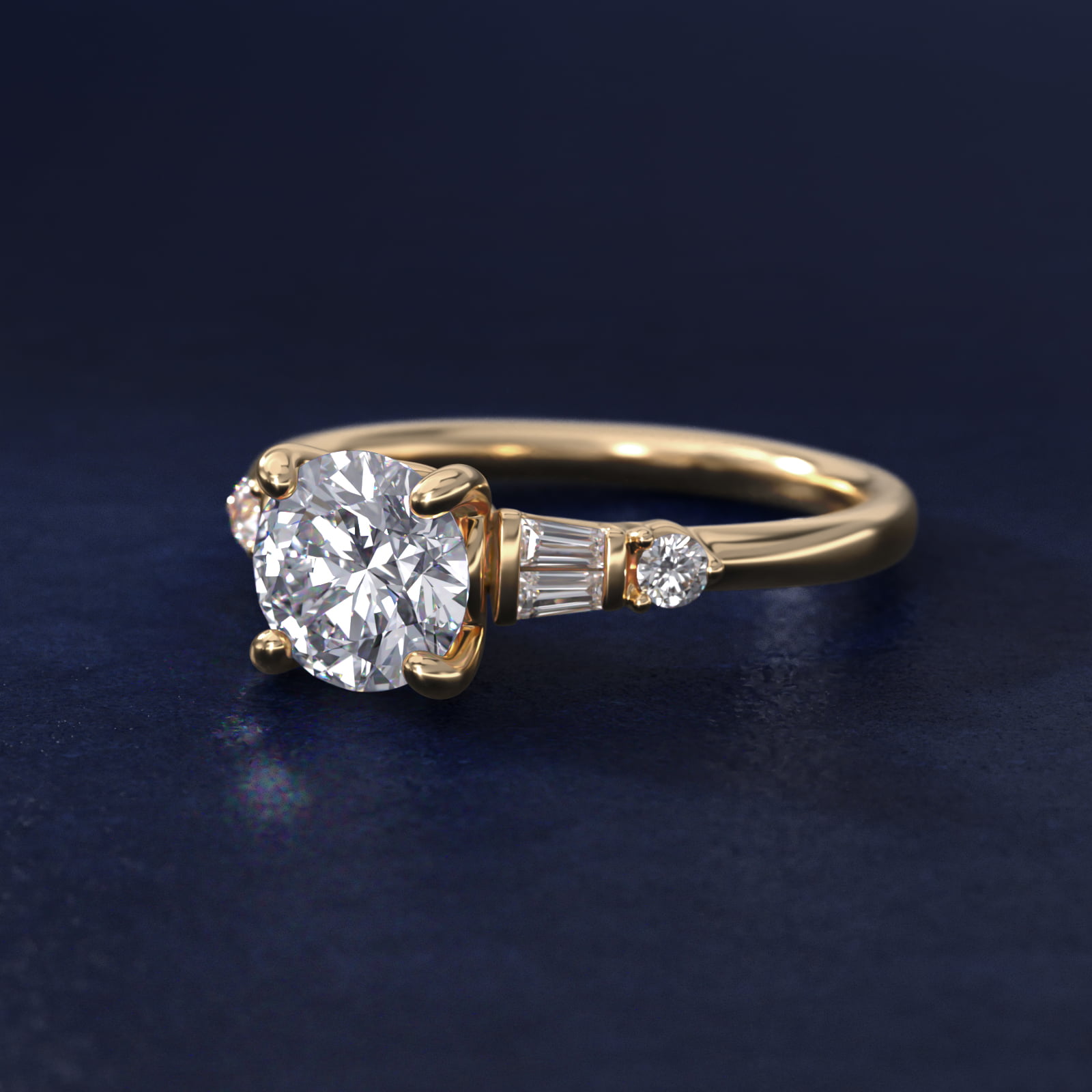 Double Baguette and Petite Round Diamond Engagement Ring in 18k Yellow Gold (1/6 ct. tw.)