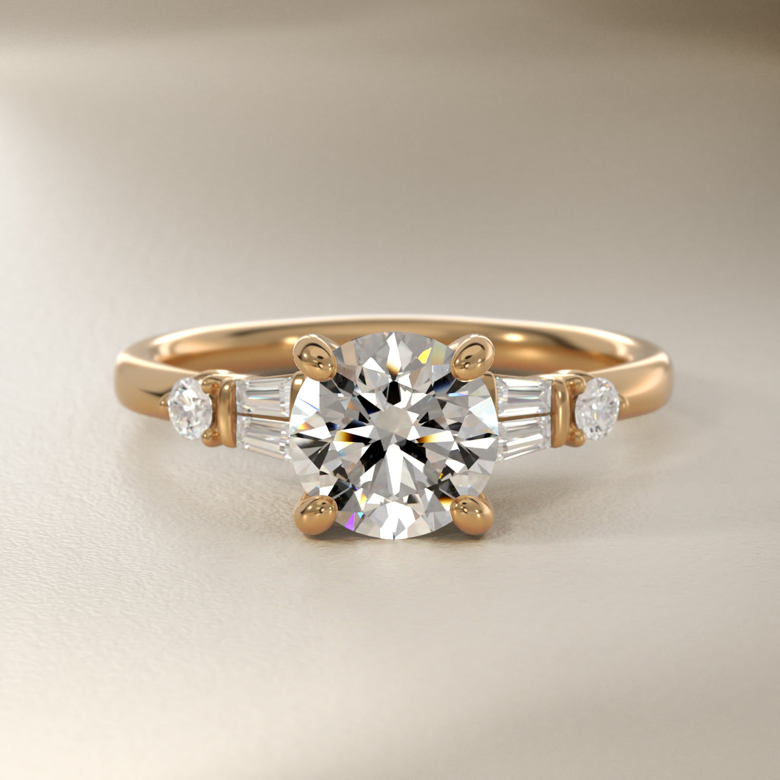 Double Baguette and Petite Round Diamond Engagement Ring in 14k Yellow Gold (1/6 ct. tw.)