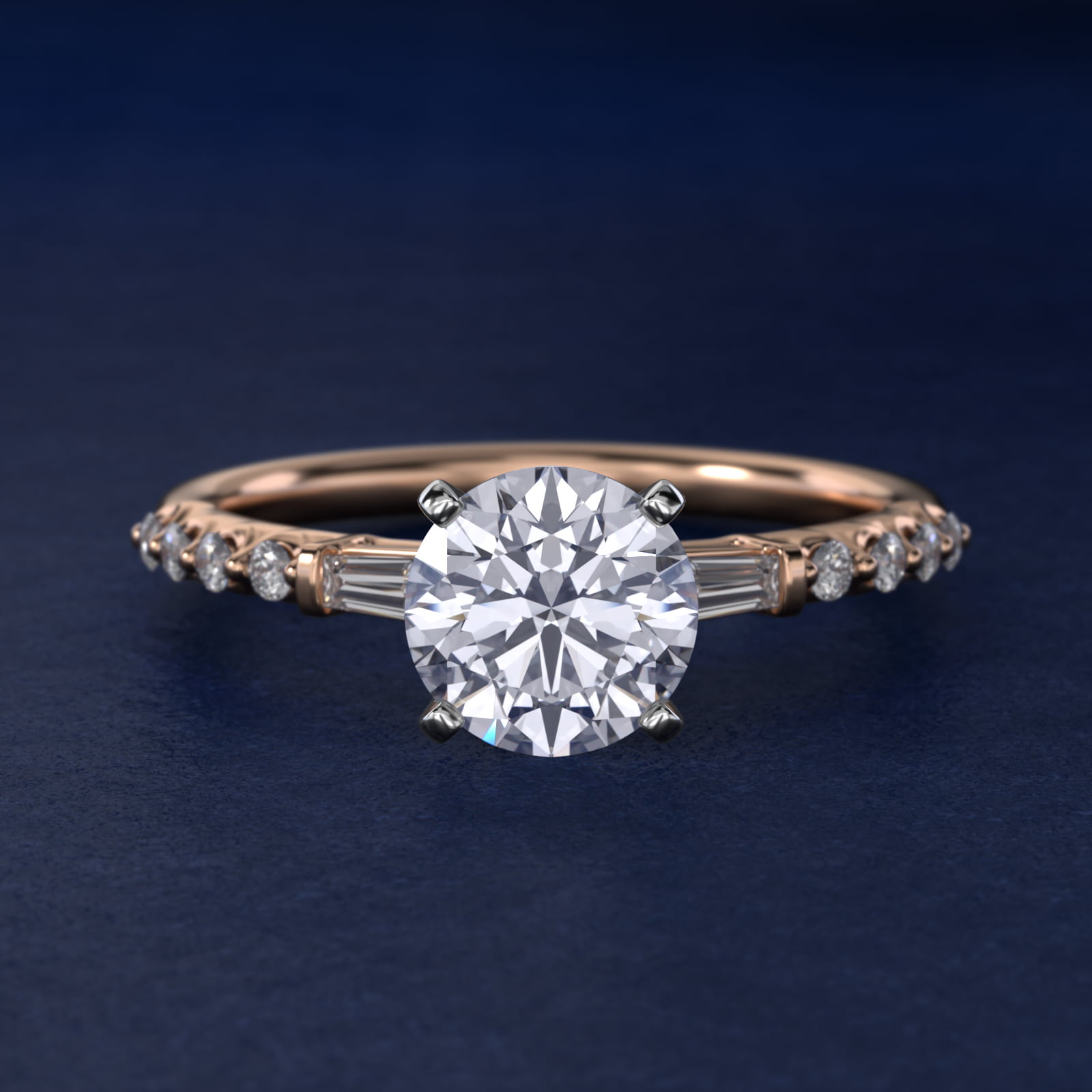 Petite Baguette and Floating Round Diamond Engagement Ring in 18k Rose Gold (1/5 ct. tw.)