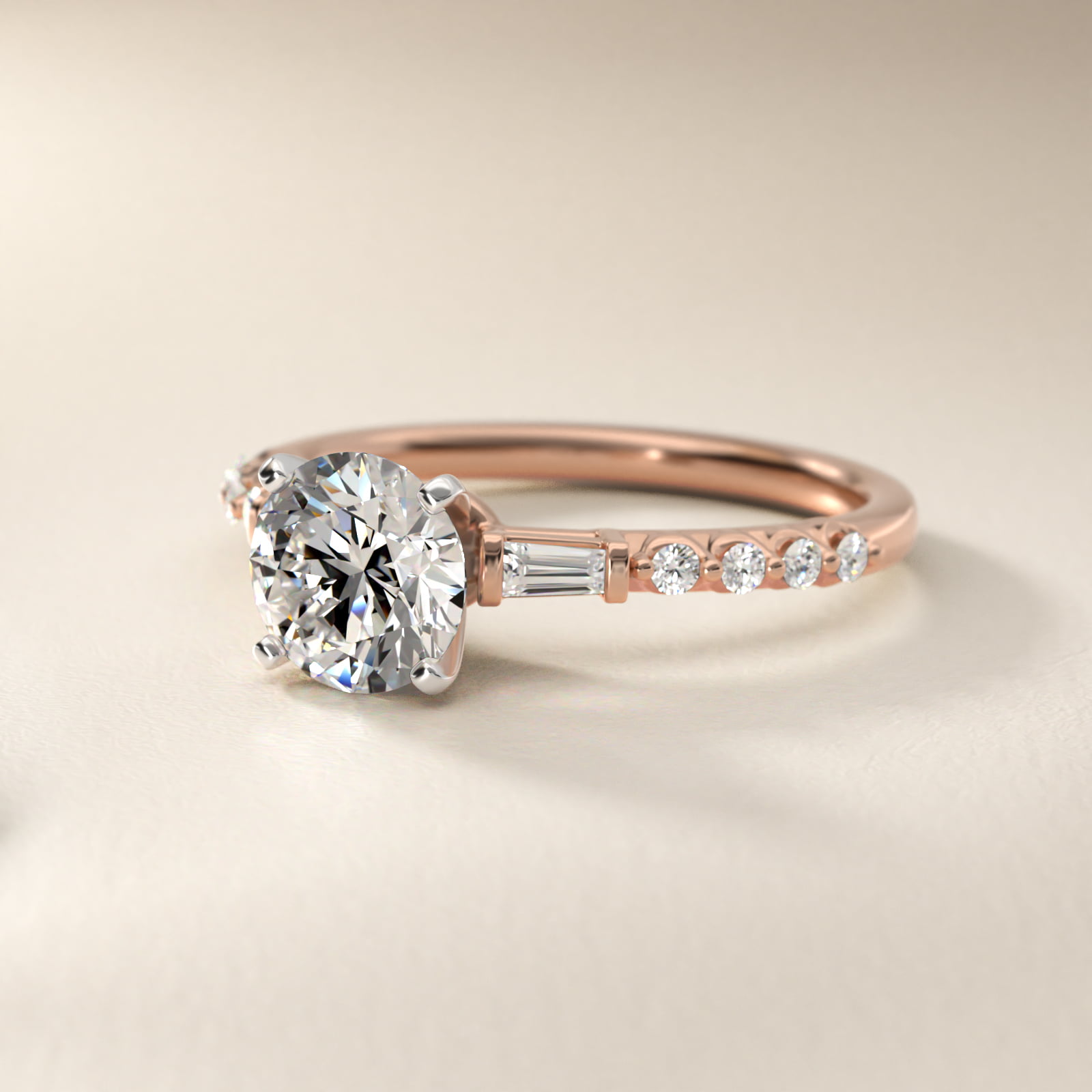 Petite Baguette and Floating Round Diamond Engagement Ring in 14k Rose Gold (1/5 ct. tw.)