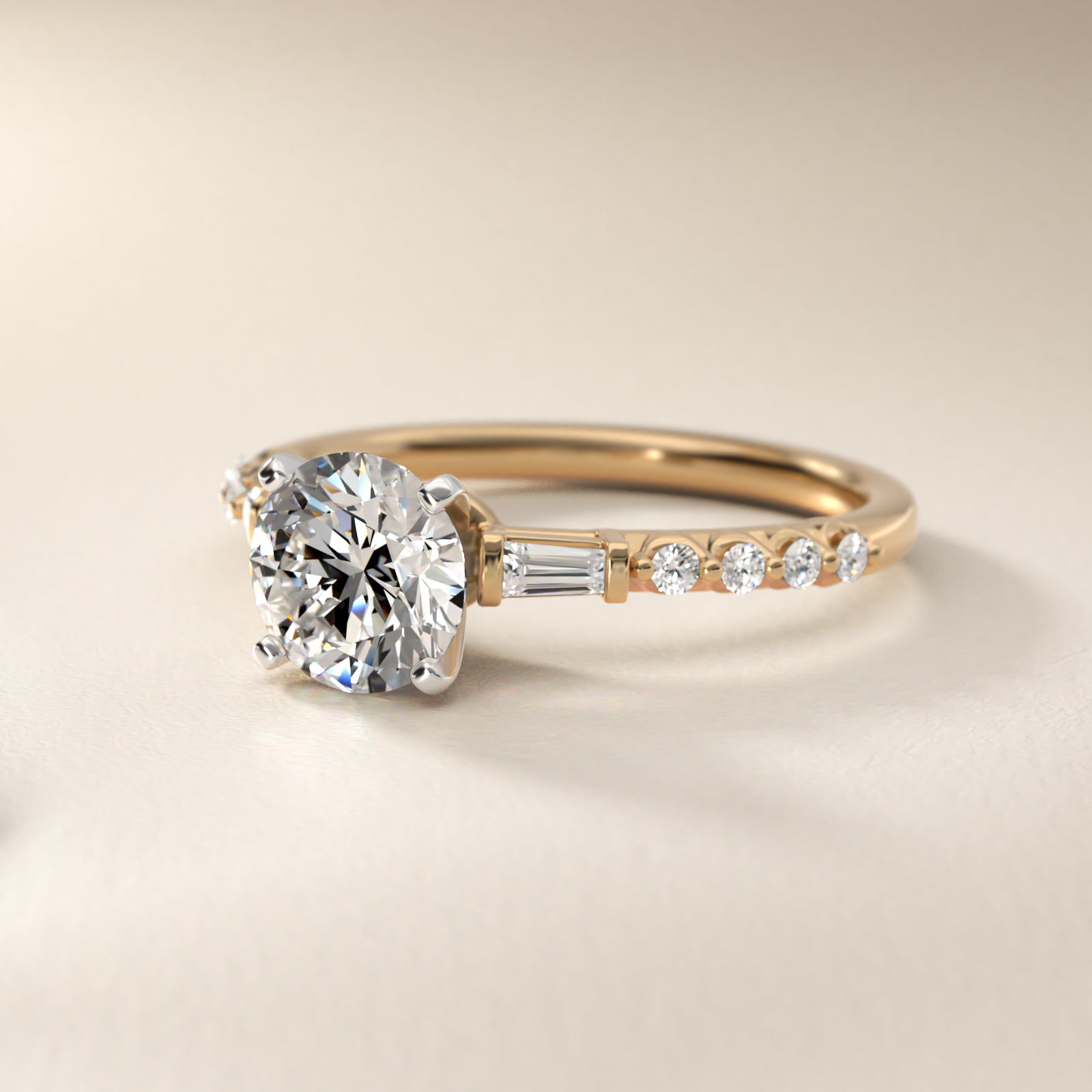 Petite Baguette and Floating Round Diamond Engagement Ring in 14k Yellow Gold (1/5 ct. tw.)