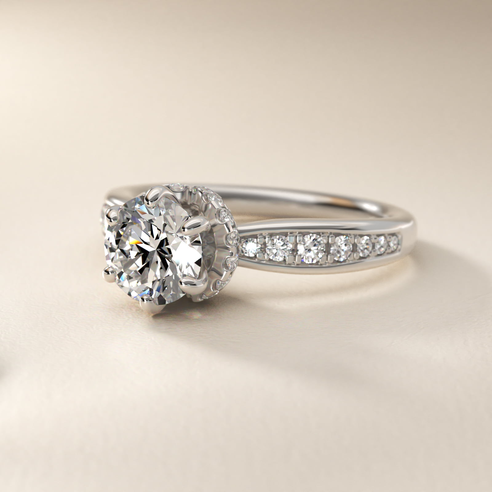 Romantic Six Prong Hidden Halo Diamond Engagement Ring in 14k White Gold (1/5 ct. tw.)