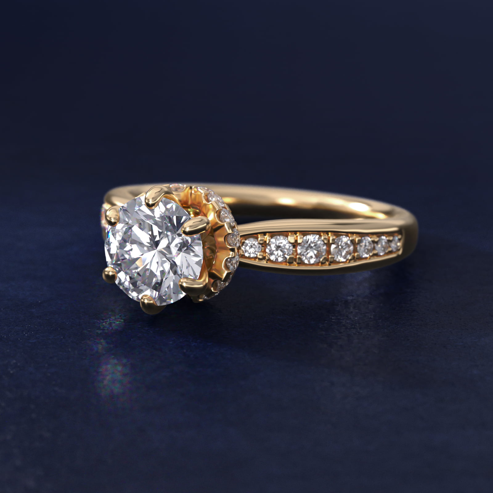Romantic Six Prong Hidden Halo Diamond Engagement Ring in 18k Yellow Gold (1/5 ct. tw.)