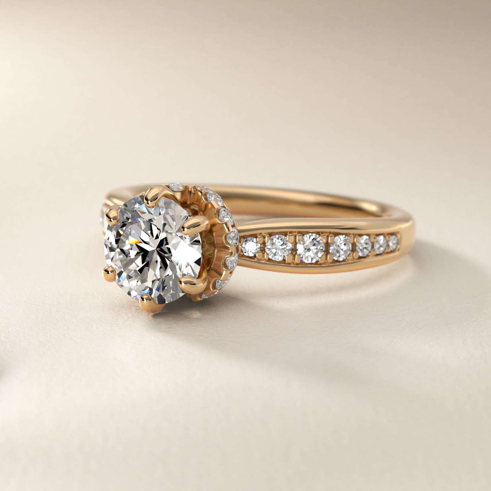 Romantic Six Prong Hidden Halo Diamond Engagement Ring in 14k Yellow Gold (1/5 ct. tw.)