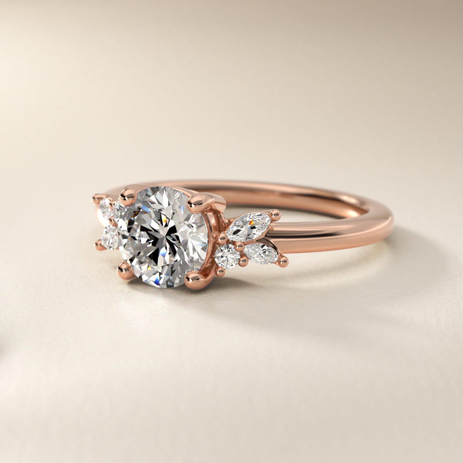 Marquise and Round Cluster Array Diamond Engagement Ring in 14k Rose Gold