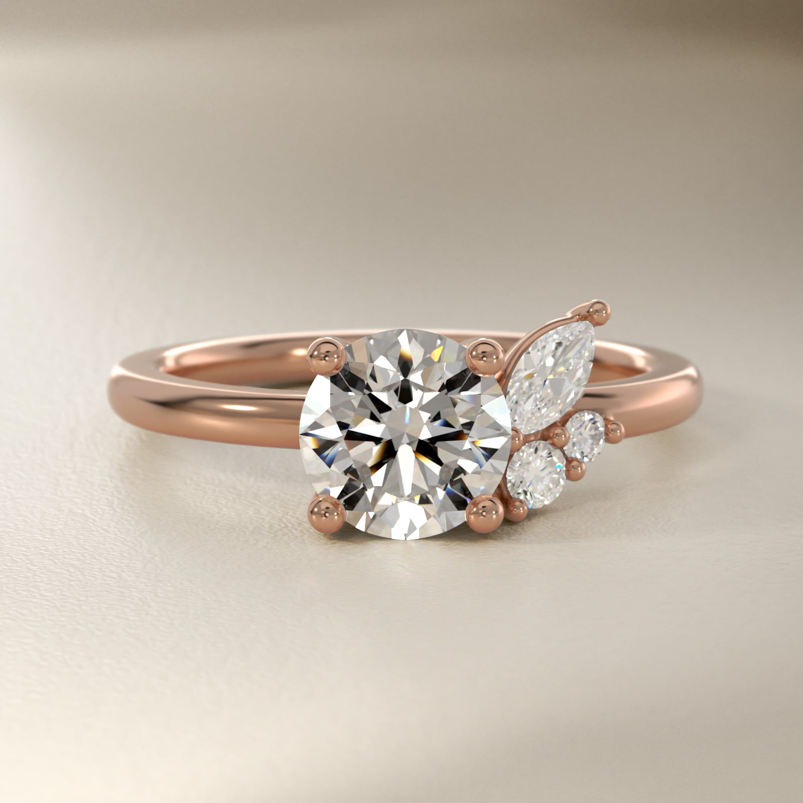 Asymmetrical Marquise and Round Cluster Diamond Engagement Ring in 14k Rose Gold