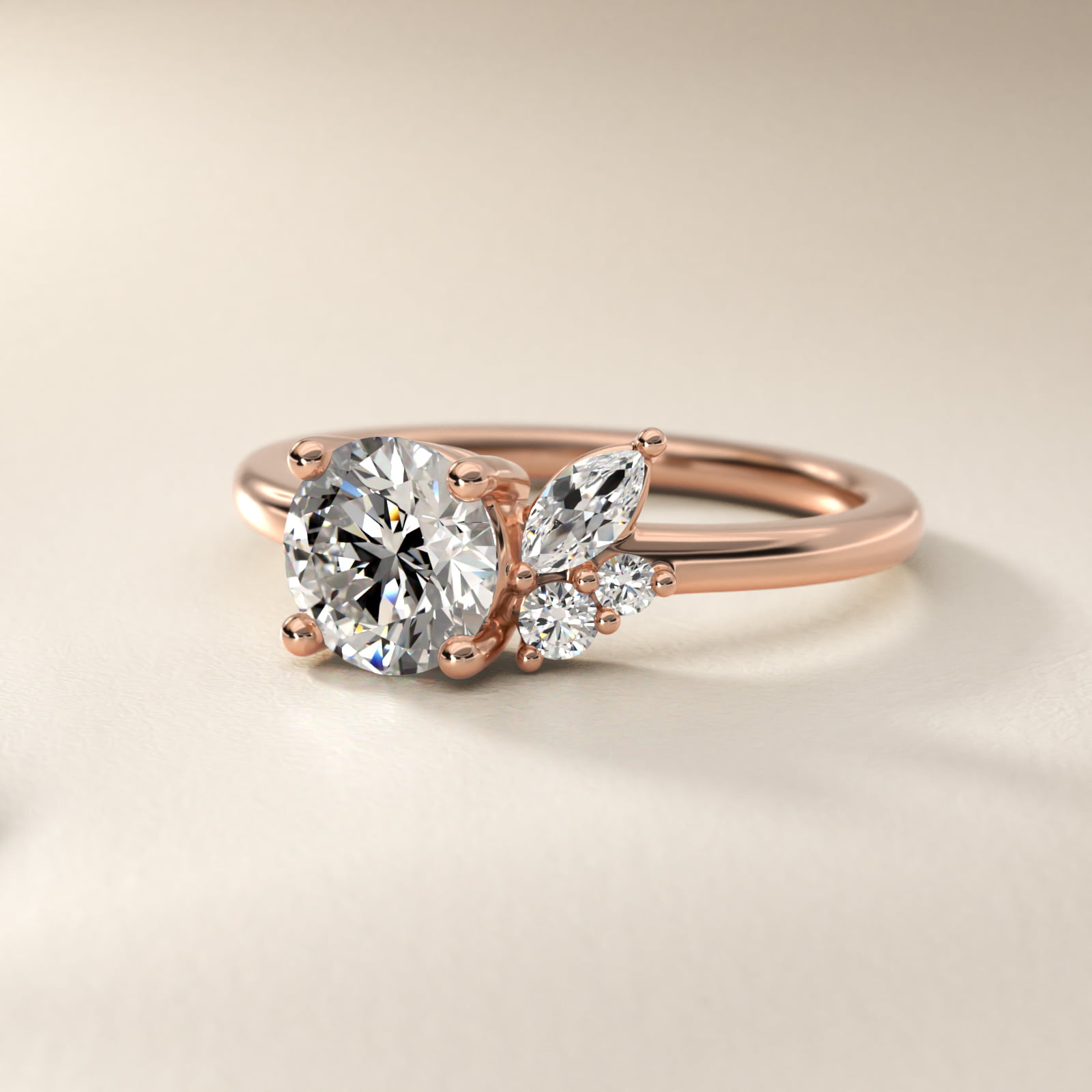Asymmetrical Marquise and Round Cluster Diamond Engagement Ring in 18k Rose Gold