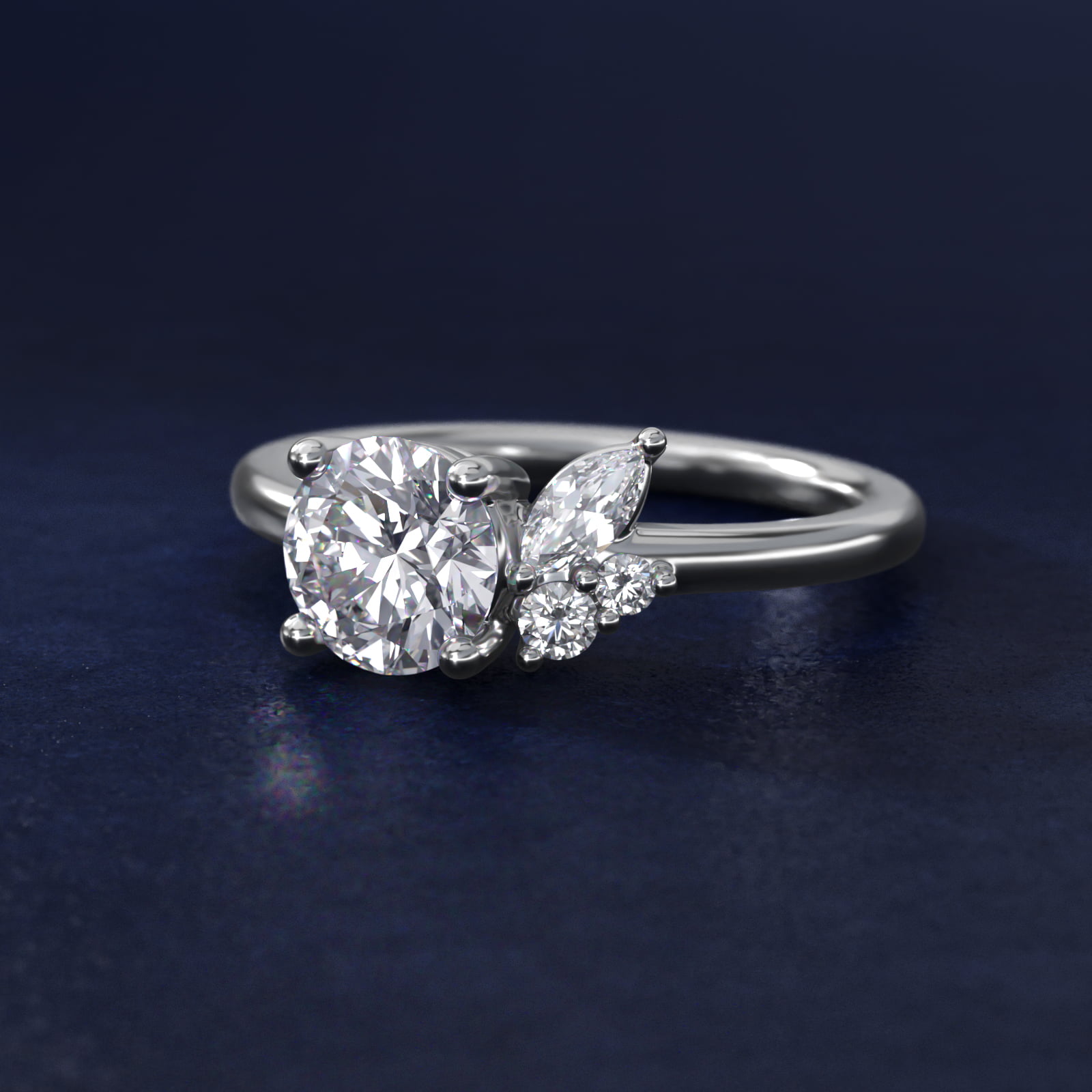 Asymmetrical Marquise and Round Cluster Diamond Engagement Ring in 14k White Gold